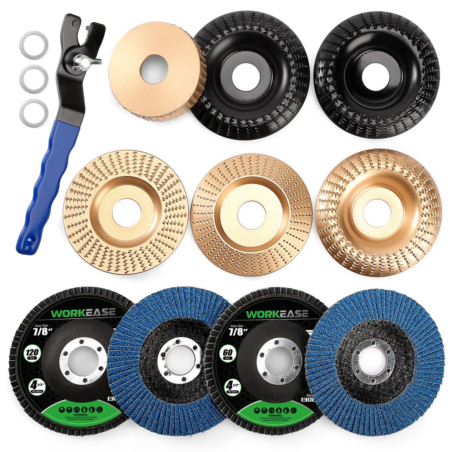 14-Piece Wood Carving Disc Set for 4–4.5" Angle Grinder, Grinding Wheels Kit with 7/8"-5/8" Arbor for Cutting, Shaping & Polishing