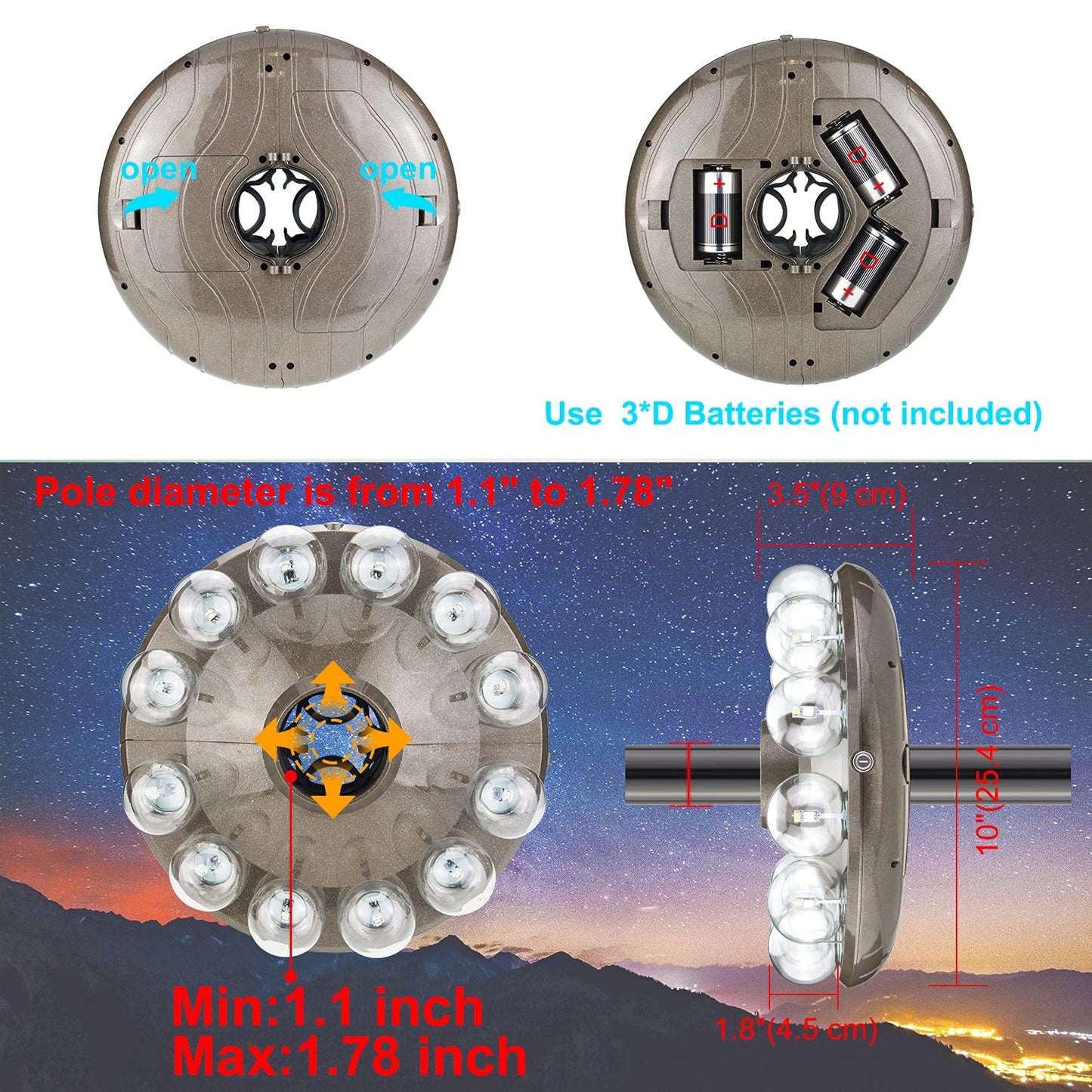 BIGMONAT Outdoor Hanging Umbrella Light, Battery Operated, 12-Color Changing, Dimmable, Timer & RF Remote Control