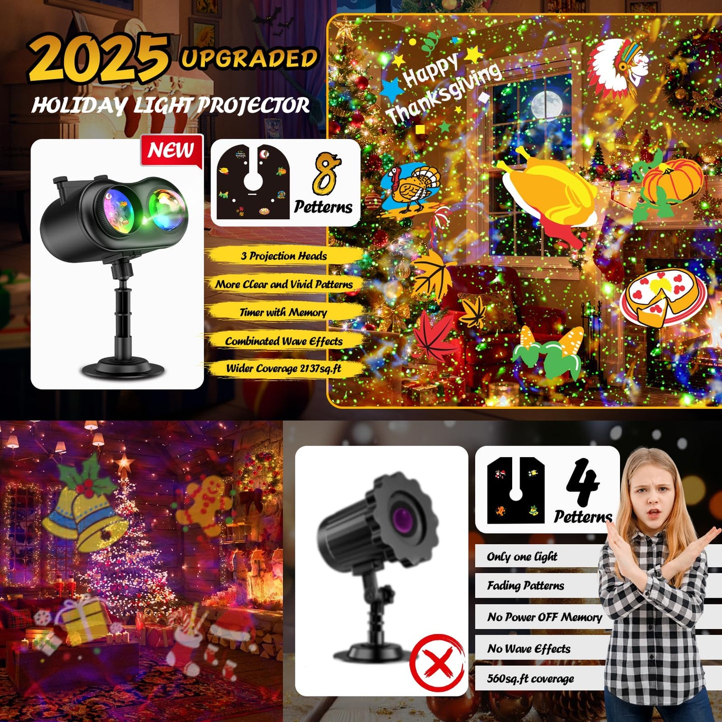 Christmas Projector Lights Outdoor & Indoor, Ocean Wave & Firefly Effects, 20 Slides/160 Patterns, Remote & Timer, Waterproof Decor