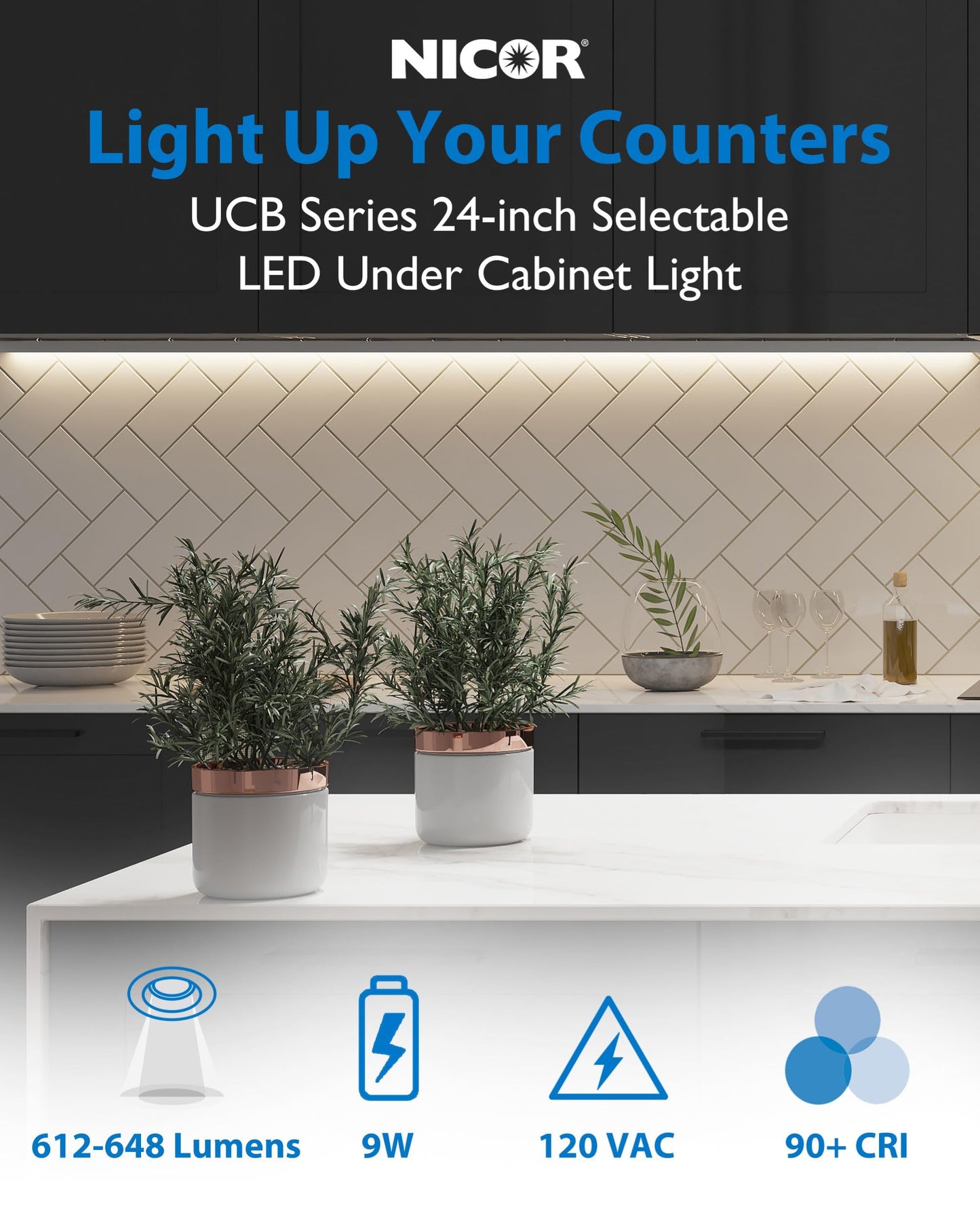 NICOR 24” LED Under Cabinet Light - Hardwired, Dimmable, 9W, 612-648 Lumens, CCT 2700K-5000K, UCB Series Kitchen Lighting