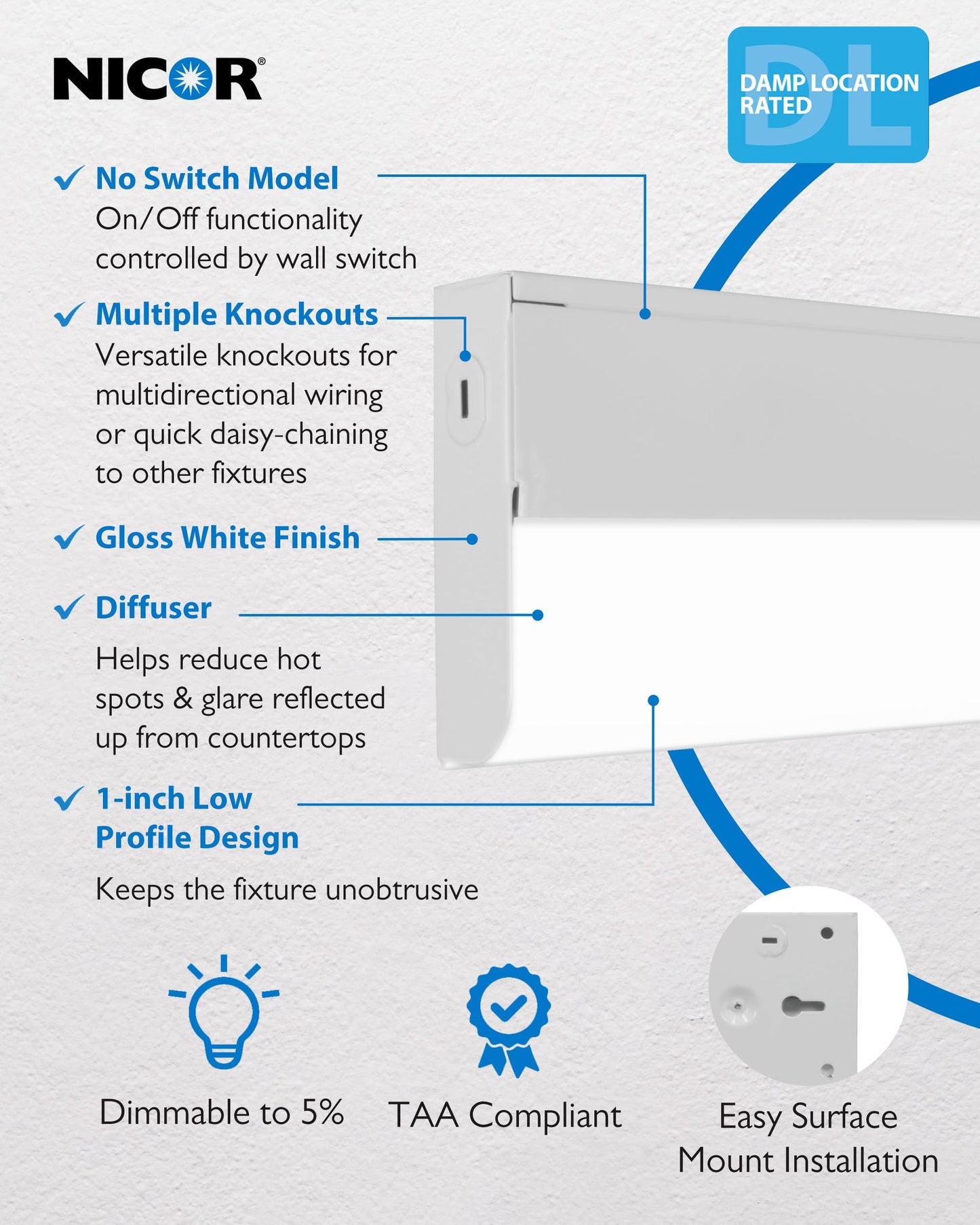 NICOR 24” LED Under Cabinet Light - Hardwired, Dimmable, 9W, 612-648 Lumens, CCT 2700K-5000K, UCB Series Kitchen Lighting