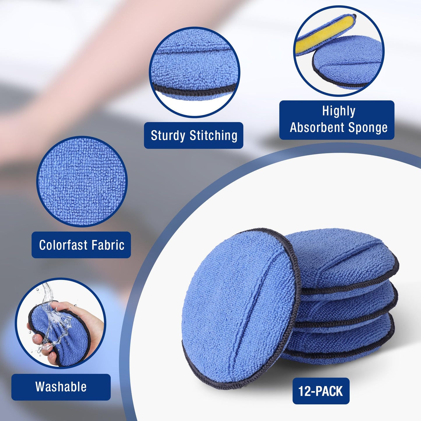 WORKPRO 12-Pack Car Wax Applicator Pads with Finger Pocket, Microfiber Foam Polishing Pads for Car Detailing & Cleaning, Lint-Free