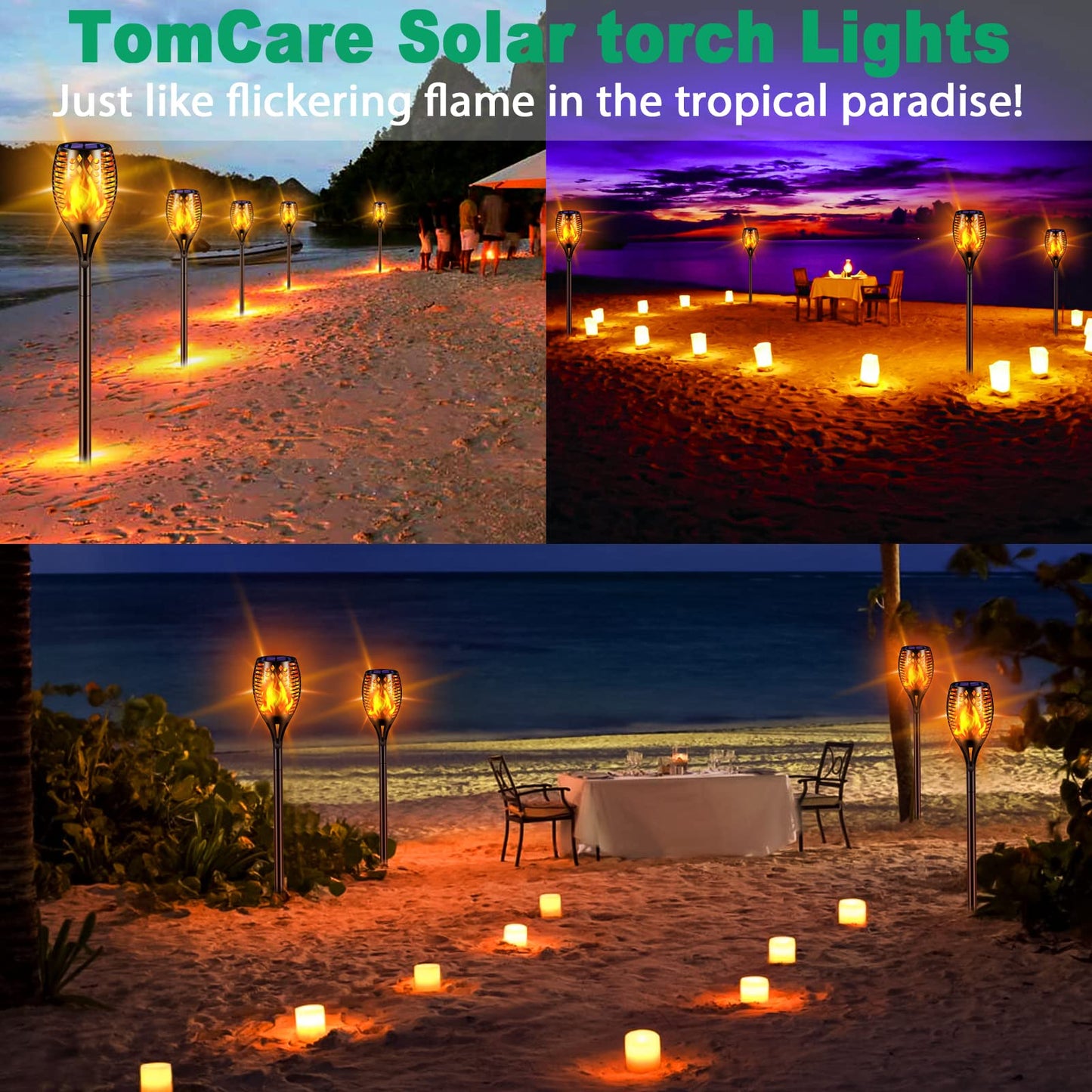 TomCare Solar Torch Lights 43", 96 LED Flickering Flames, Waterproof Outdoor Pathway Lights for Garden, Patio, Yard, Auto On/Off (4 Pack)