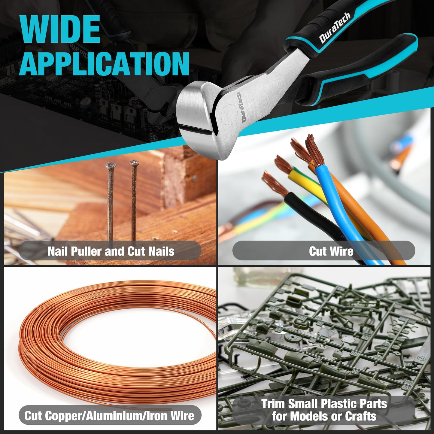 DURATECH 7" Nail Puller Pliers, CRV Steel End Cutter, Non-Slip Handle, Blackened Polished Finish, Nail Remover & Wire Cutter