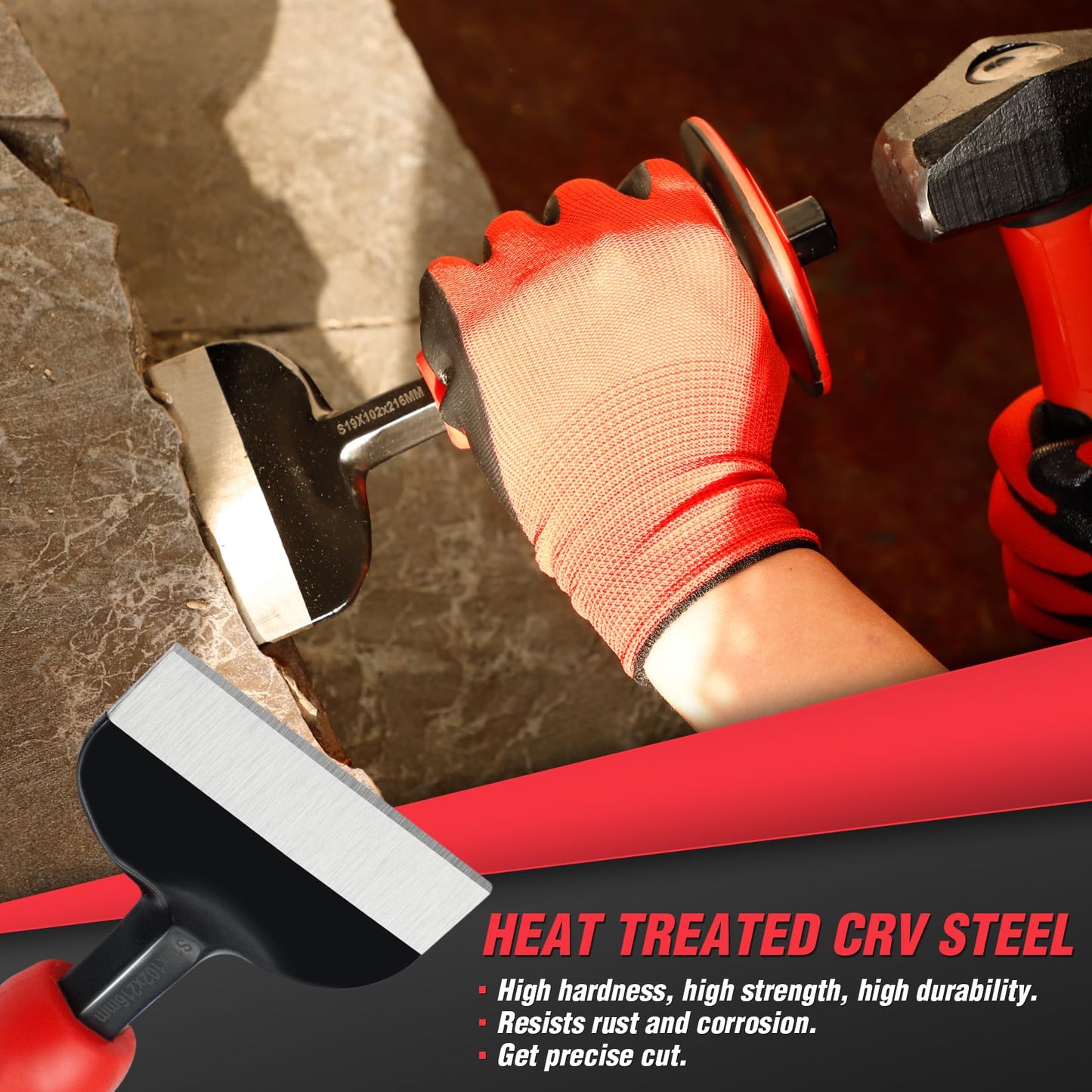 Rizom Chisel Set with Hand Protection, 3 Pcs Stone and Rock Chisel, Heavy Duty Masonry Tools including 11-Inch Point and Flat, 8-Inch Brick