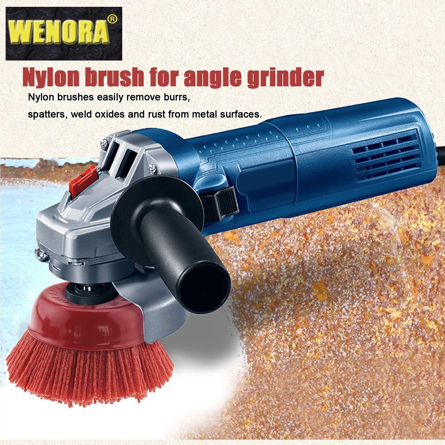 WENORA 4" Nylon Cup Brush for Angle Grinder, 5/8"-11 Thread & 1/4" Drill Arbor, Abrasive Filament for Rust, Paint Removal & Surface Prep