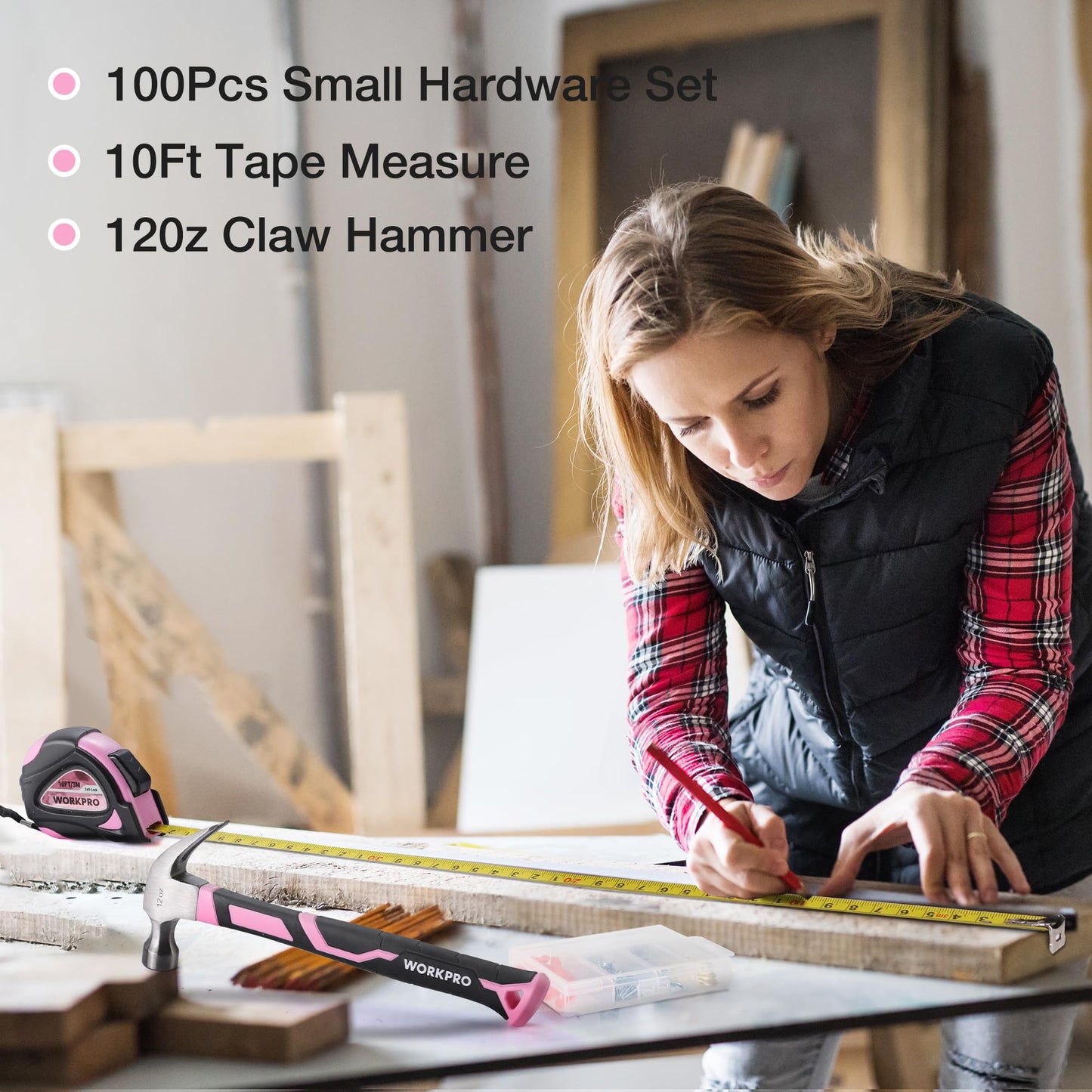 WORKPRO Pink Tool Kit, 263-Piece Home Repairing Tool Set with Wide Mouth Open Storage Bag, Household Tool Kit - Pink Ribbon