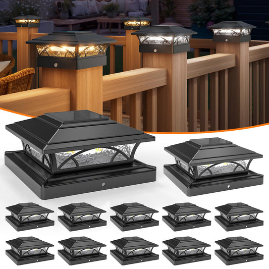 APONUO 12-Pack Solar Post Cap Lights for 4x4, 5x5, 6x6 Posts - Auto On/Off, IP64 Waterproof, Warm & Cool White, Deck & Yard Black Lights