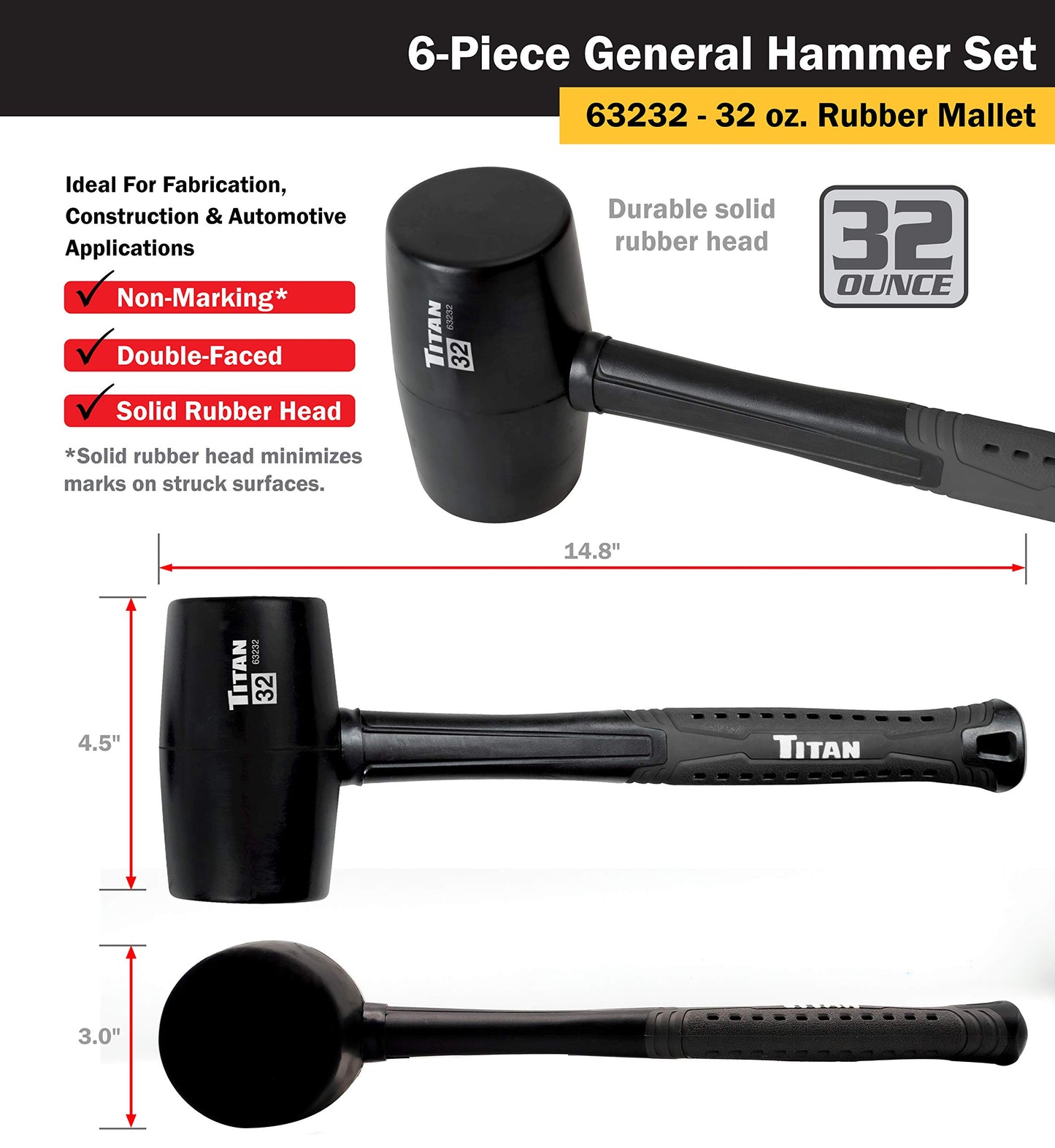 Titan 63136 6-Piece Hammer Set, Includes 16oz & 32oz Ball Pein, 32oz Rubber Mallet, 3lb Sledgehammer, 2lb Dead Blow & 3lb Cross Pein