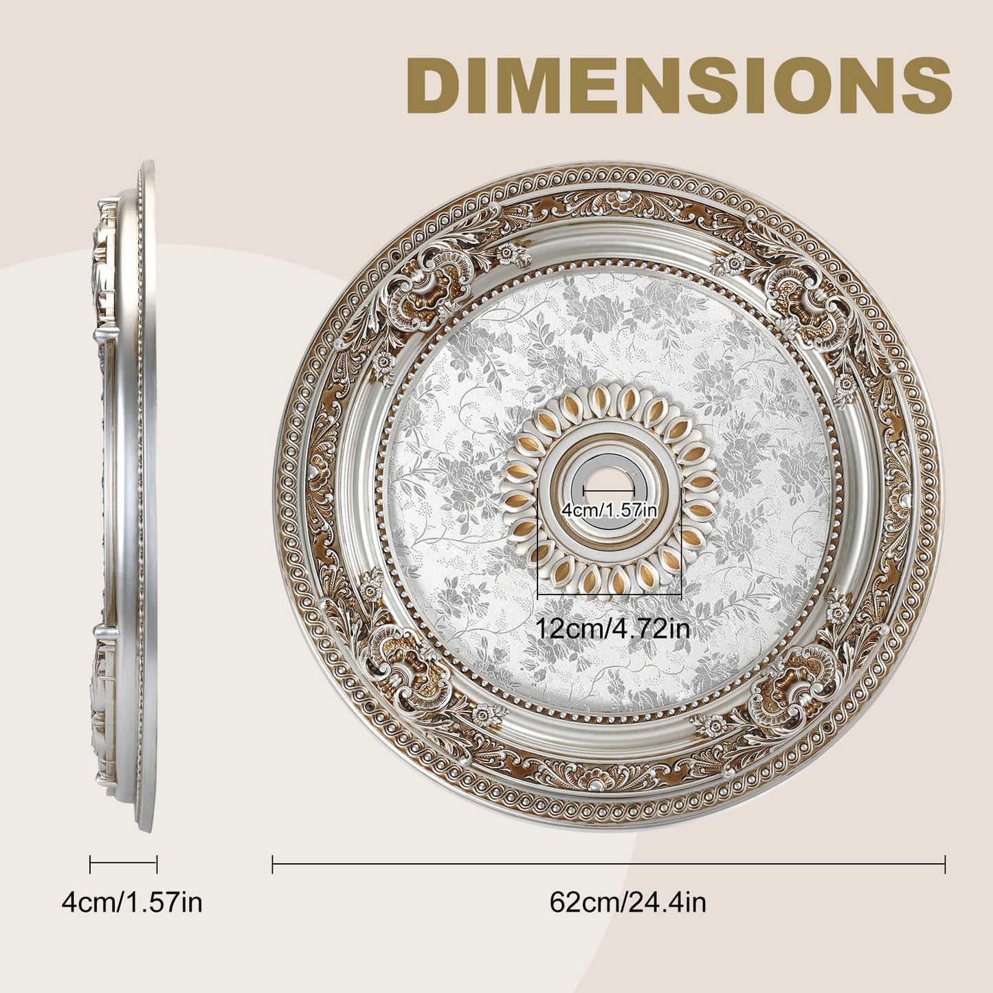 KIOMIMI 24.4 inch Decorative Ceiling Medallion for light fixtures, Silver and Gold Finish