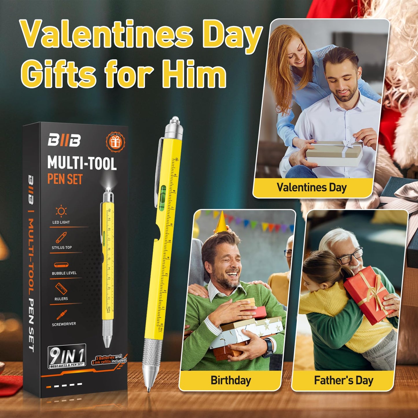 BIIB 9-in-1 Multitool Pen for Men – Valentines, Birthday & Dad Gifts, Cool Gadgets, Personalized Gift Ideas for Him