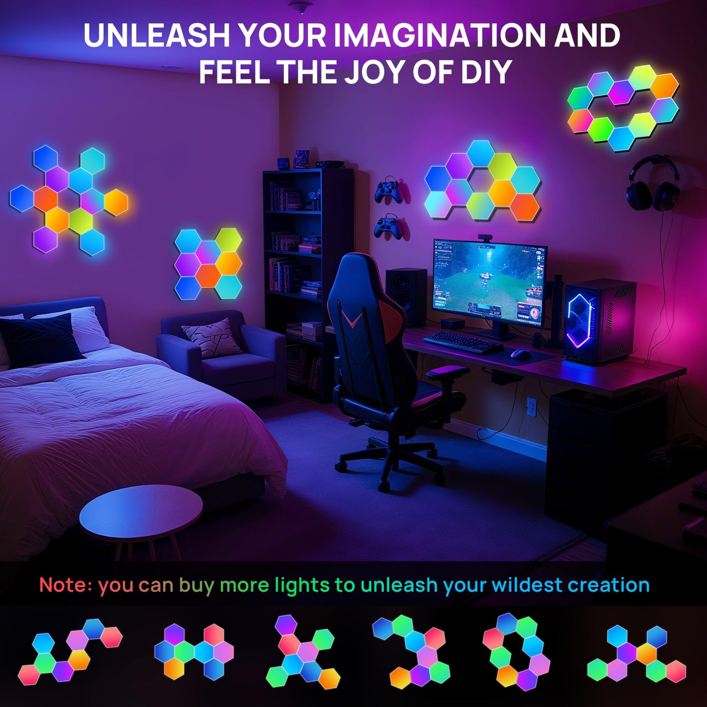 **KORORO Hexagon LED Lights, 8-Pack Smart App RGB Gaming Wall Lights with Remote, Music Sync Honeycomb Lights for Bedroom & Gaming Decor**