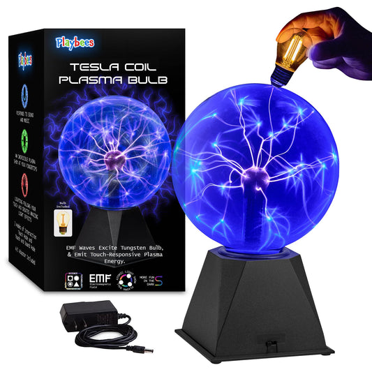 Playbees 7" Blue Plasma Ball - Tesla Coil Lightning Globe, Static Electricity Lamp, Nebula Effect, Plug-In for Parties, STEM, Decor