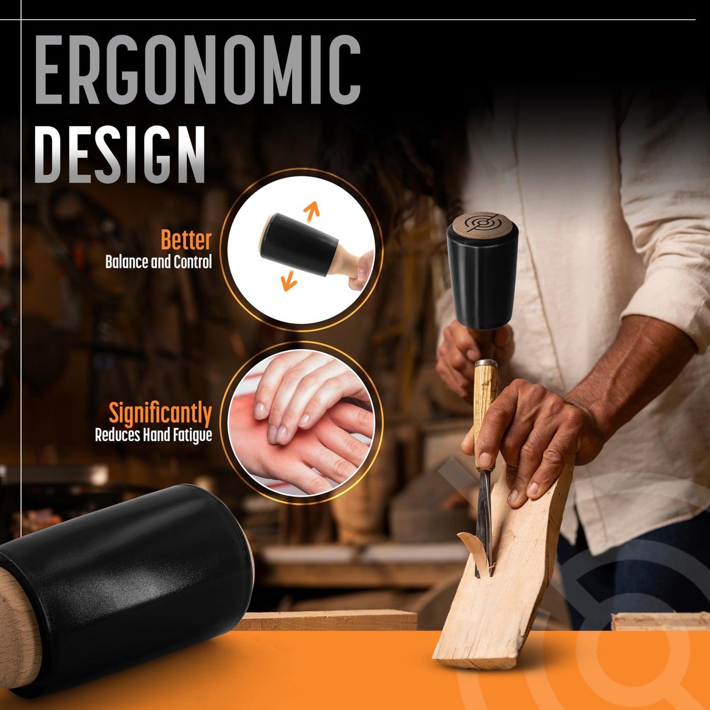 Schaaf Tools 15oz Wood Carving Mallet – Comfortable Handle, Non-Marring Urethane Head, Reduces Fatigue, Ideal for Woodworking & Chisels