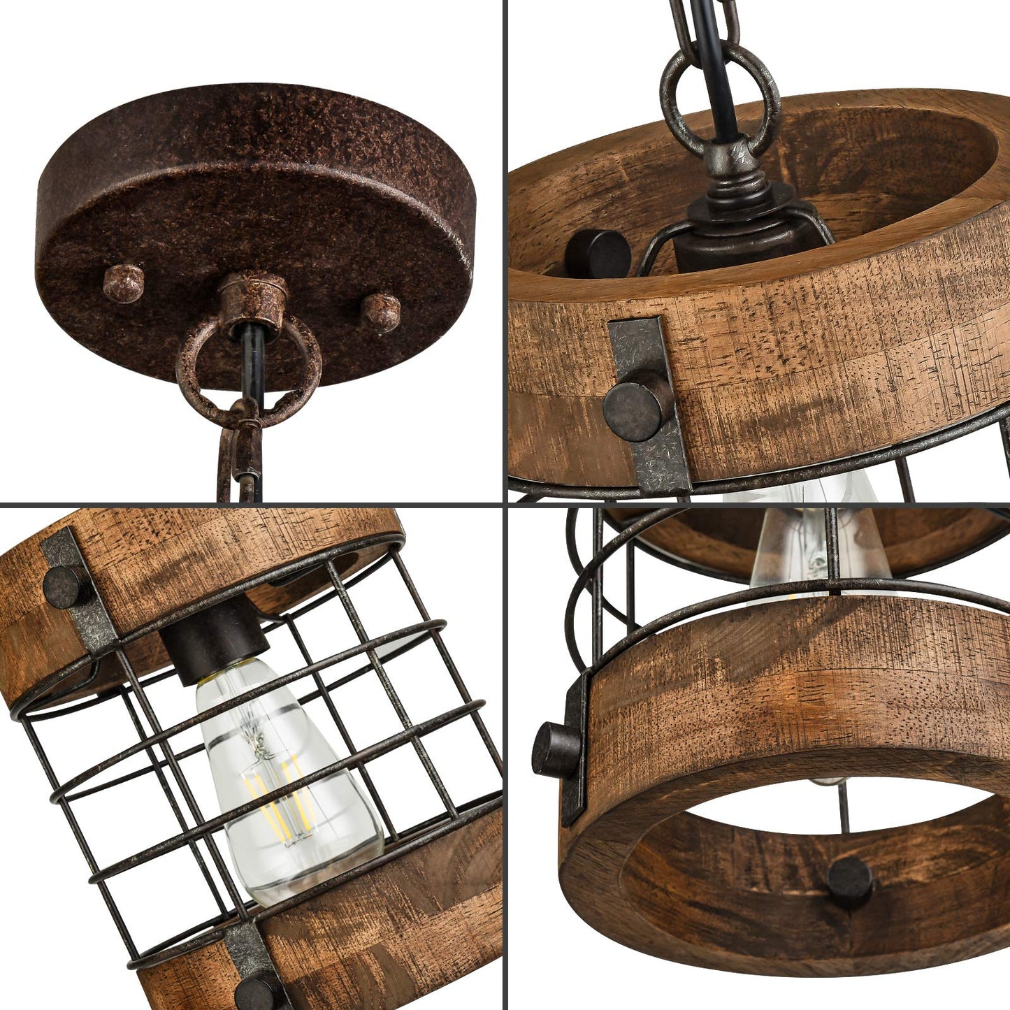 wochos Retro Industrial 1-Light Metal & Wood Cage Pendant Light, Round Chandelier for Kitchen, Dining, Foyer, Hallway, Bar (Brown)
