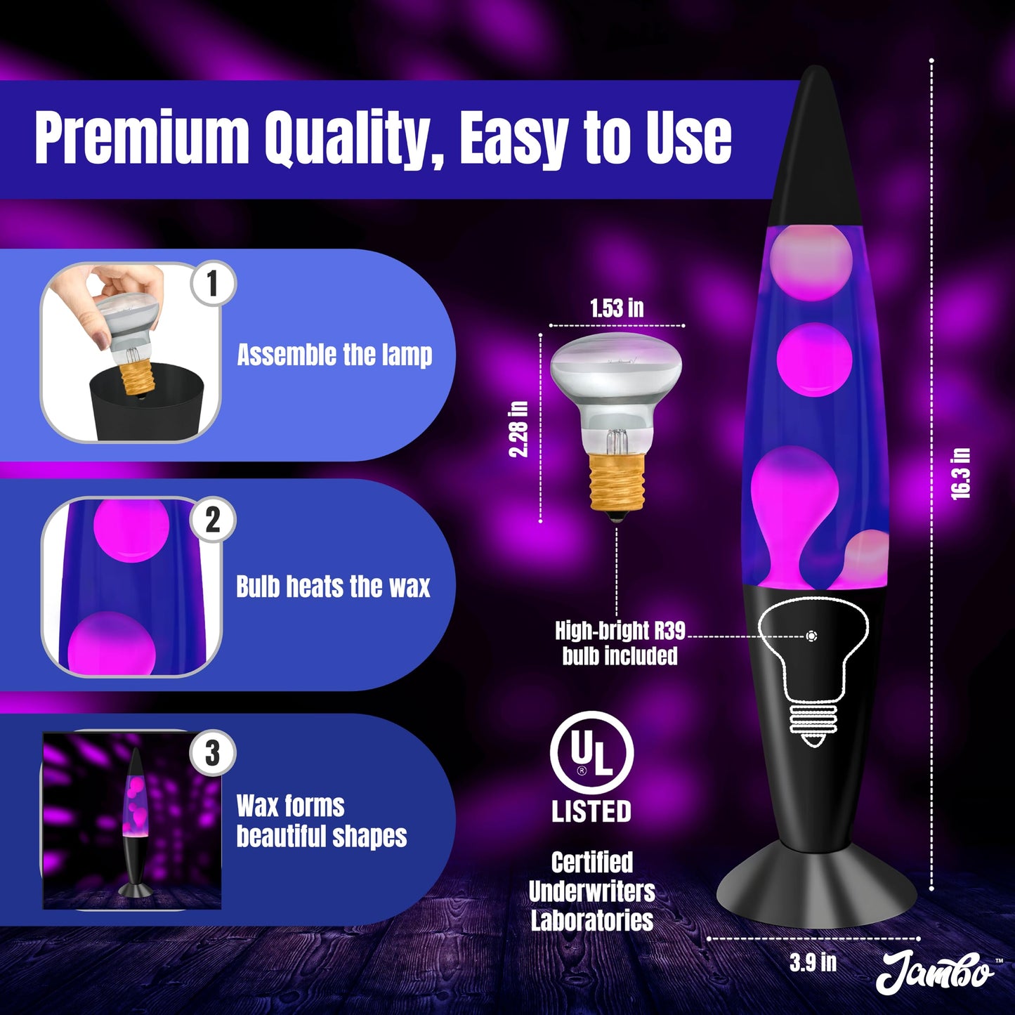 JAMBO 16" Purple Liquid Lamp with White & Pink Wax – Relaxing Magma Night Light for Living Room, Bedroom, Office, Teens & Kids Home Decor