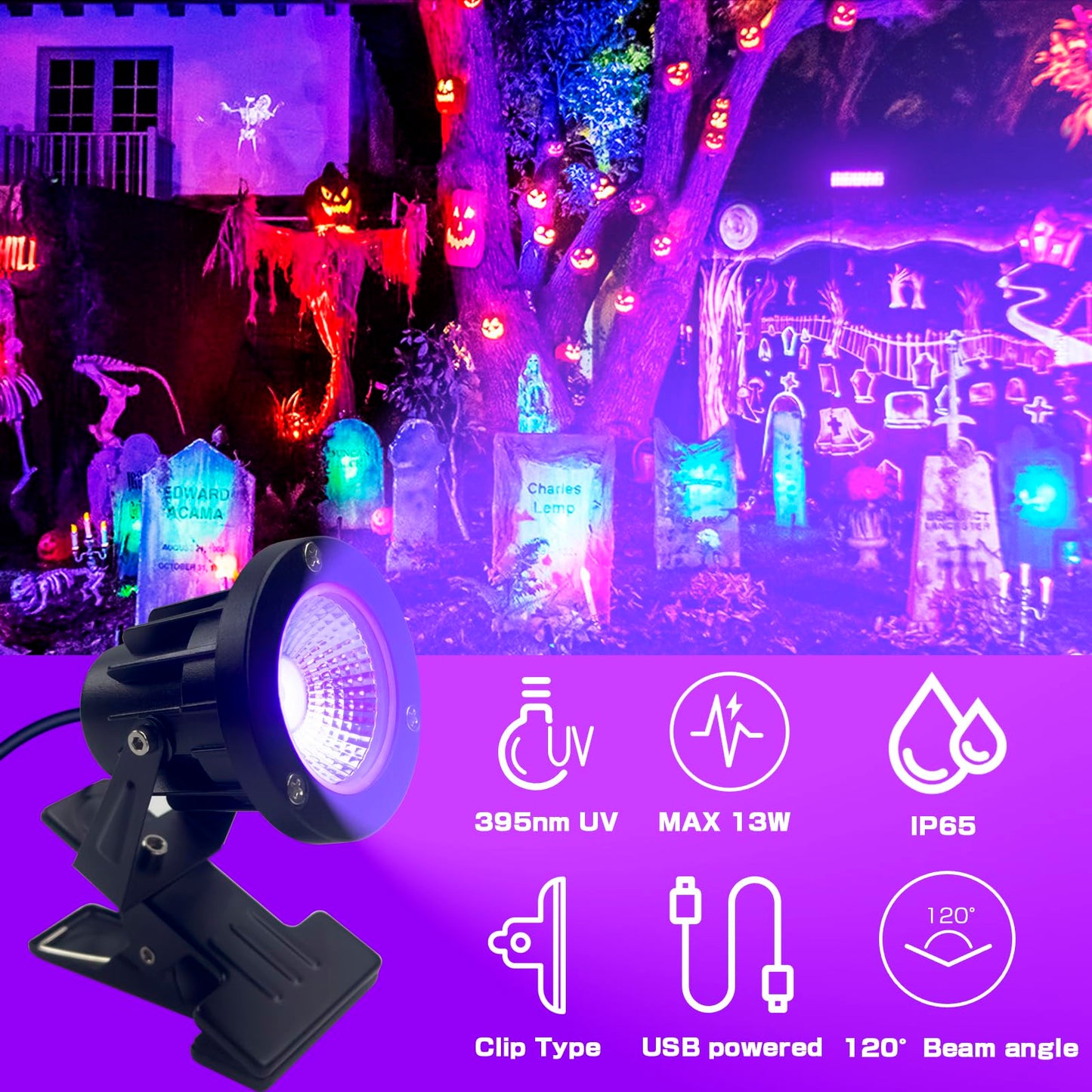 INKECI Black Light 13W 6ft UV Light Lamp, IP65 Clip on Lamp UV Resin Lights, for Fluorescent Tapestry Poster Body Paint Glow Party (1)