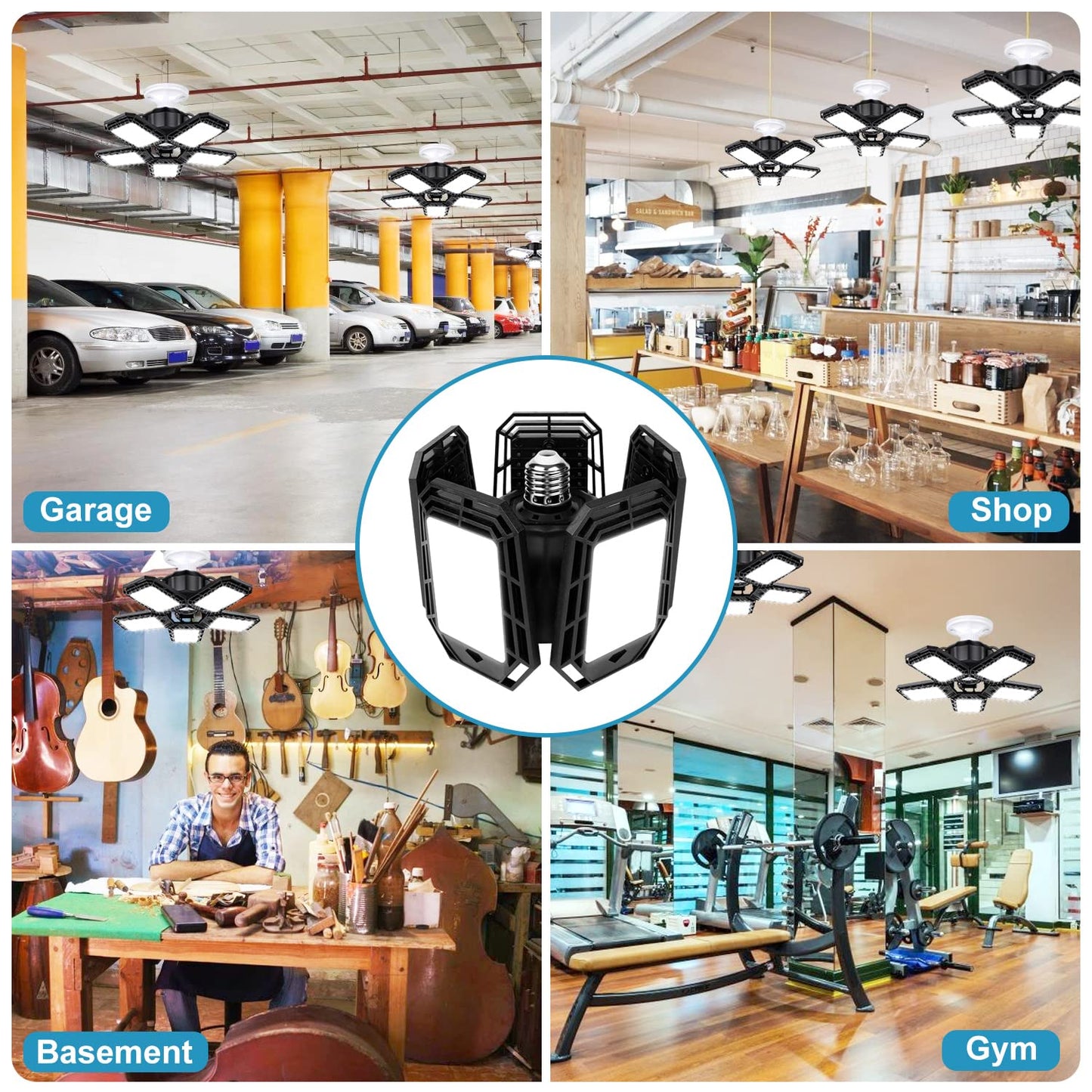 Luyata 2-Pack LED Garage Lights, 160W 16000LM 6500K, 5+1 Adjustable Panels, Bright Ceiling Light for Workshop, Basement, E26/E27