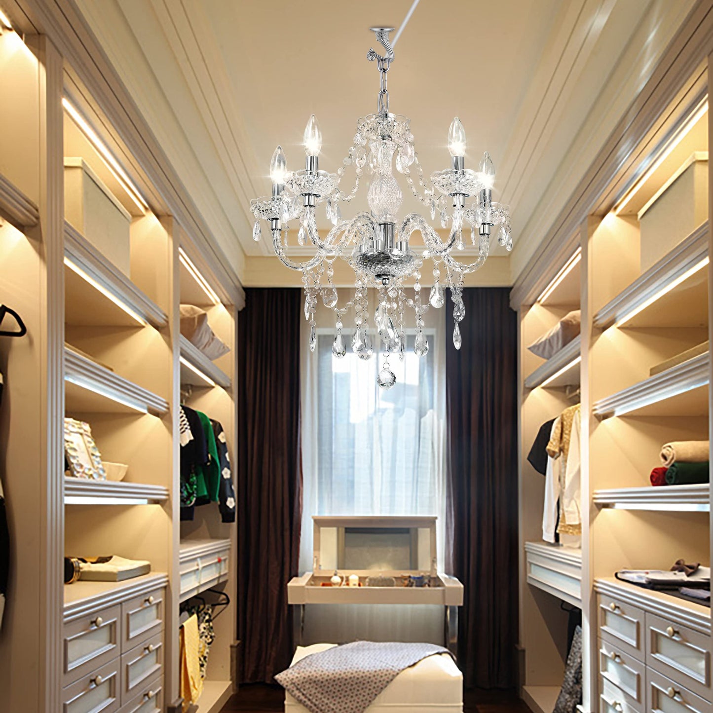 PAPAYA 5-Light Crystal Pendant Chandelier, Acrylic Hanging Light with Clear Cord & Switch, 19"H x 19.7"D, for Kitchen, Dining, Bedroom