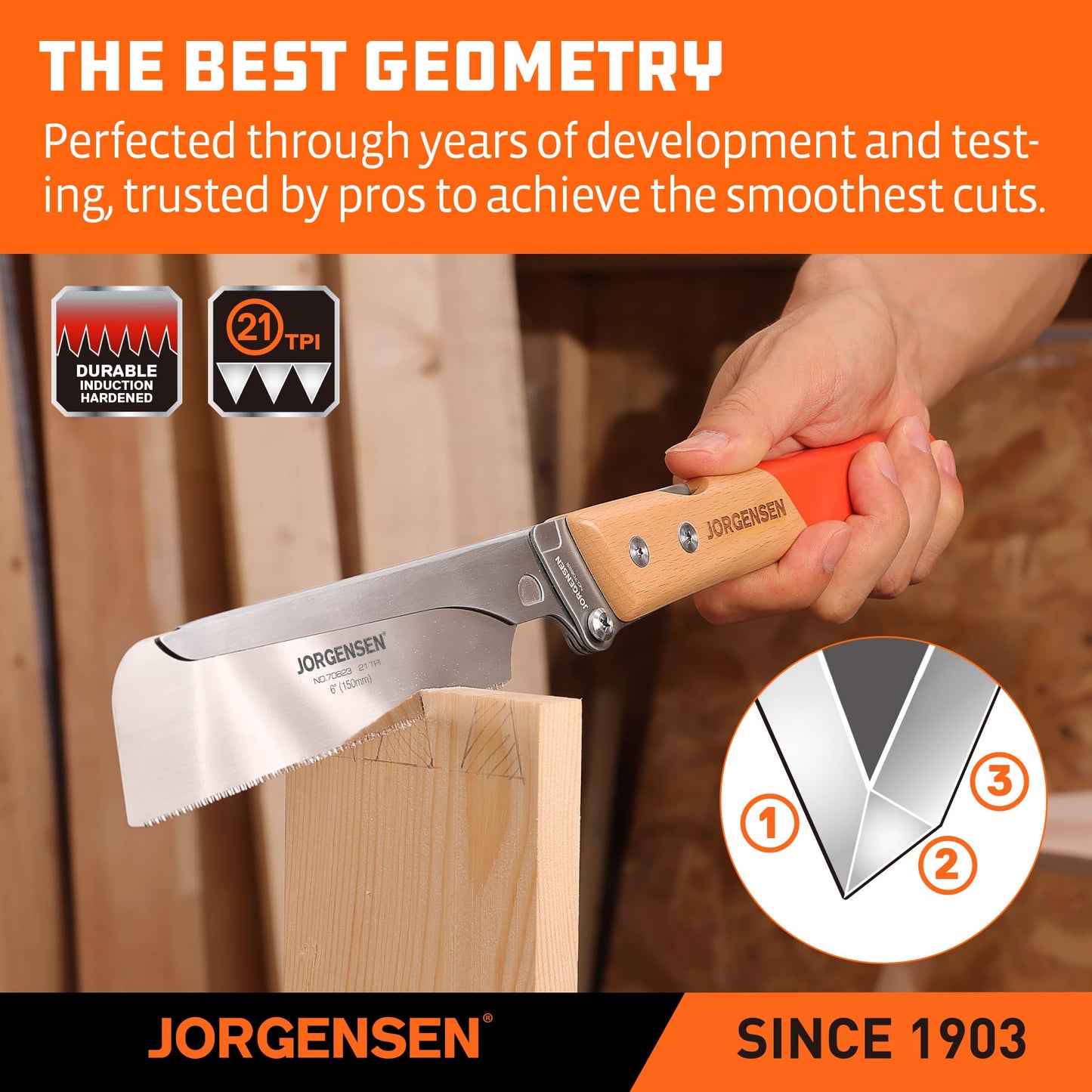 JORGENSEN 6" Japanese Pull Saw, Pro Folding Dovetail Handsaw with Beech Handle, SK5 Steel, Tool-Free Blade Change, 21TPI Woodworking