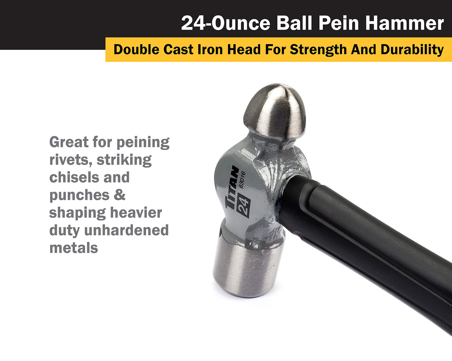 Titan 63016 24oz Ball Pein Hammer, Forged Steel Head, 13.5" Shock Absorbing Fiberglass Handle with Textured Rubber Grip