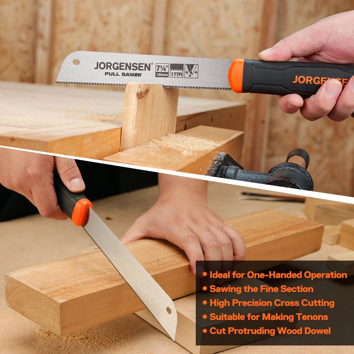 JORGENSEN Japanese Pull Saw 7.25" 17-TPI SK5 Flexible Blade, Flush Cut Hand Saw with Soft Grip for Precise Woodworking