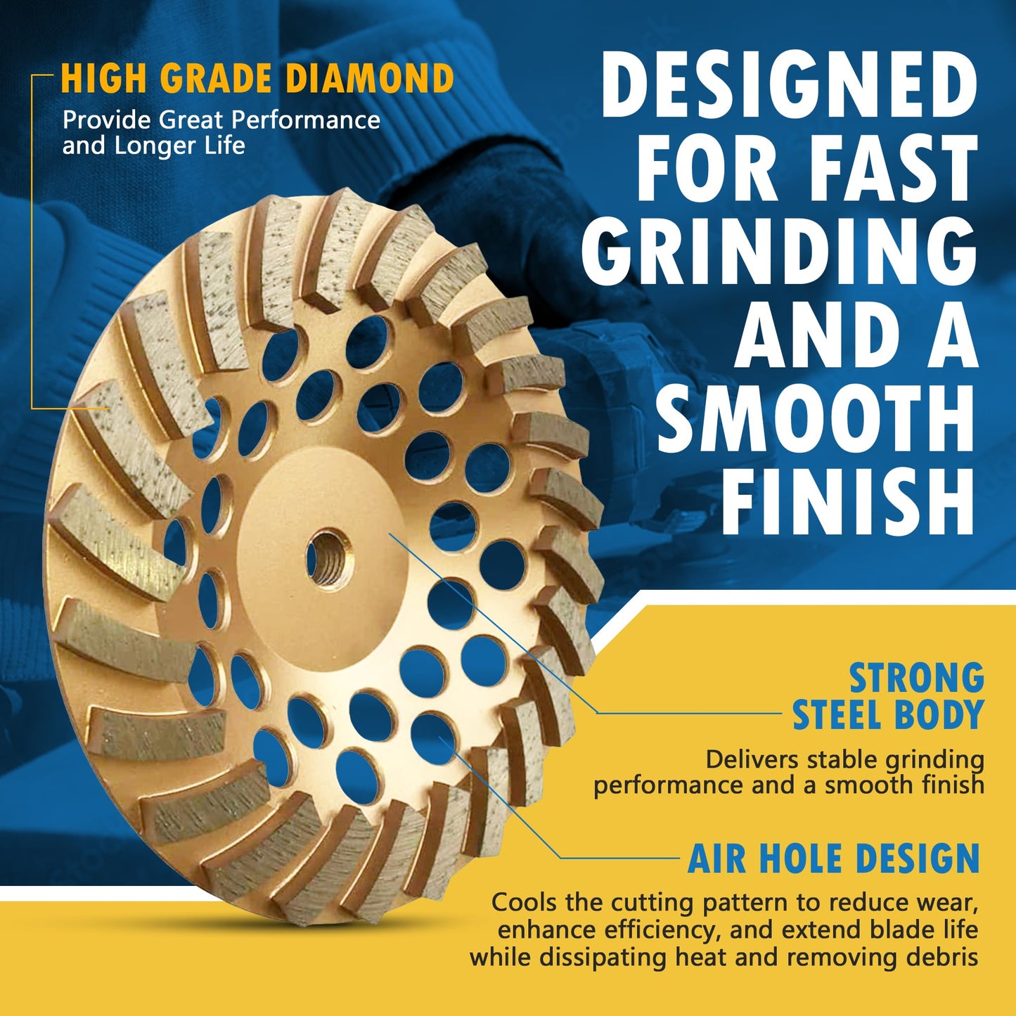 4.5" Diamond Grinding Wheels for Concrete or Masonry, 18 Turbo Segments, #30/40 Grit, Medium Bond, 5/8"-11 Arbor