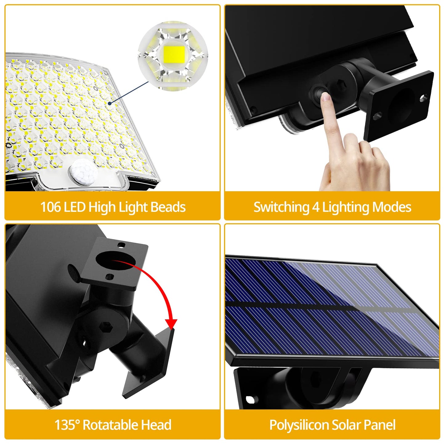 Solar Lights Outdoor 2 Pack, 106 LED 3000LM Motion Sensor Flood Lights with Remote, Dusk-to-Dawn, IP65 Waterproof for Garage/Yard
