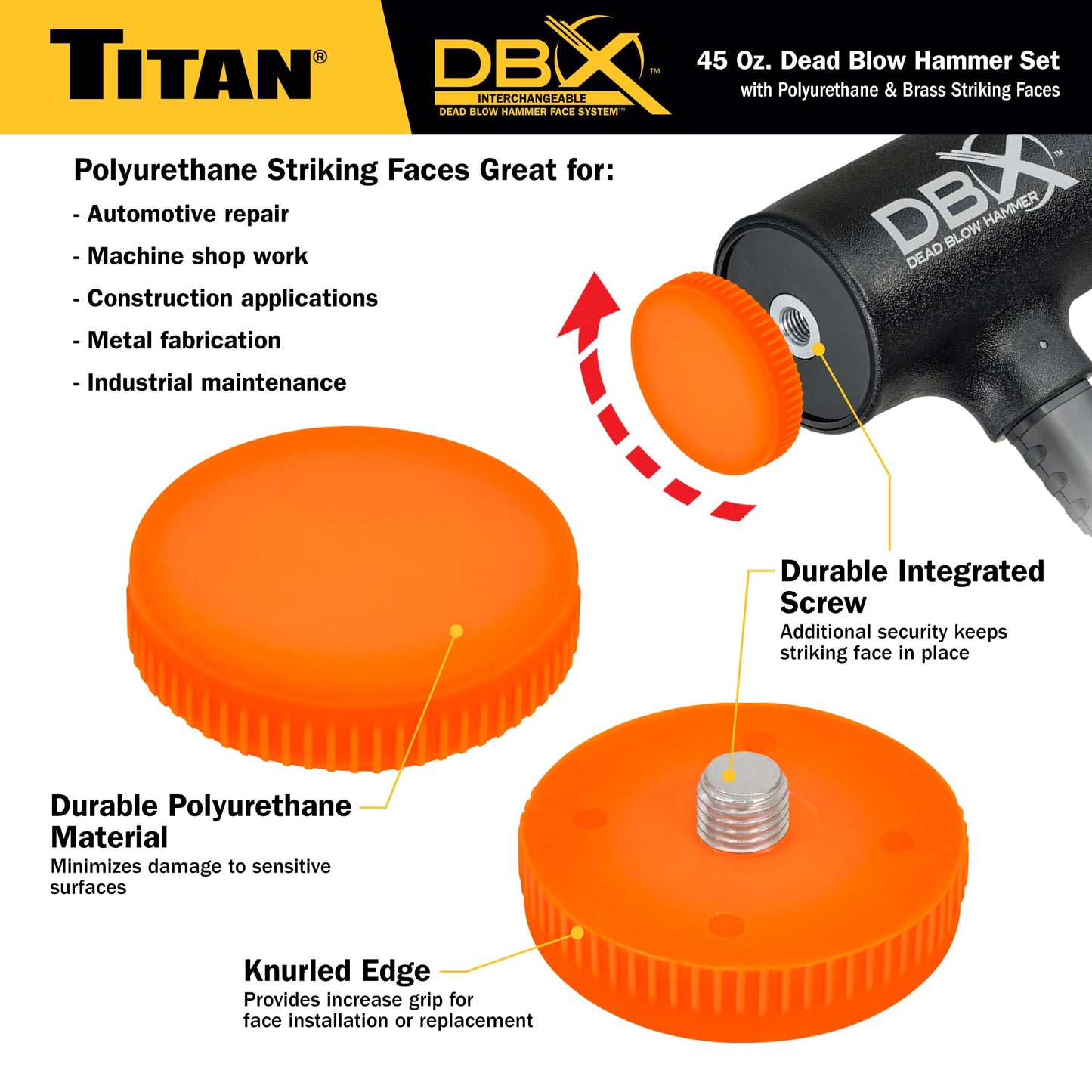 Titan DBX 63647 45oz Dead Blow Hammer – Interchangeable Polyurethane & Brass Faces, Rebound Resistant, 15" Shock-Absorbing Fiberglass Handle