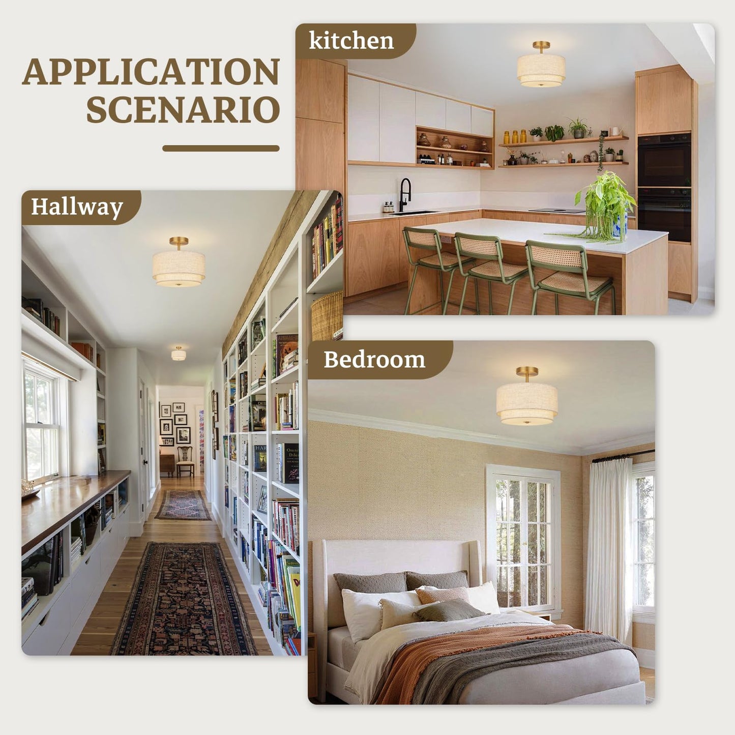 Semi Flush Mount Ceiling Light, 12.6" Gold Modern Drum Fixture with 2-Layer Linen Shade, Farmhouse Ceiling Light for Bedroom Living Room Hallway