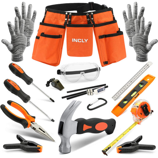 INCLY 18PCS Kids Tool Set with Adjustable Belt 20"-32", Real Hand Tools for Boys, Hammer & Screwdriver DIY Building & Woodworking