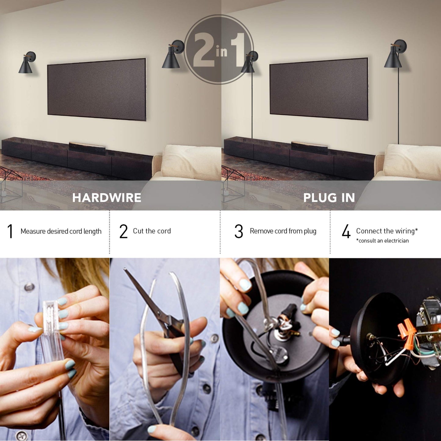 GLOBE Electric 51725 1-Light Wall Sconce, Matte Black & Faux Walnut, Dimmable Plug-In or Hardwire, Stepless Rotary Switch, Bulb Not Included