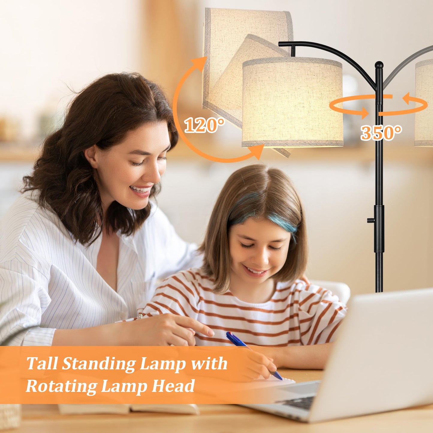 ROTTOGOON Dimmable Arc Floor Lamp, Stepless Dimming Modern Standing Lamp with Linen Shade for Living Room Bedroom Office, Black