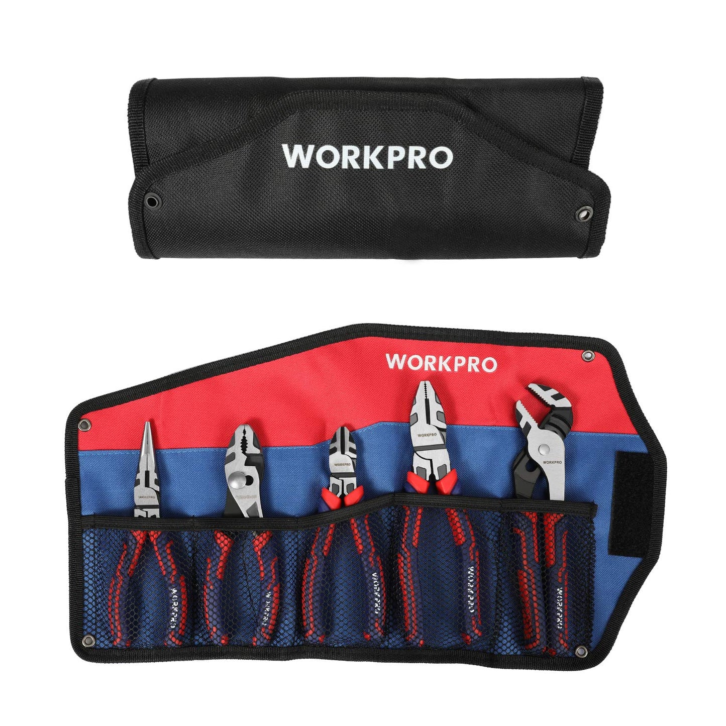 WORKPRO 6-8 Inch Pliers Set, Cr-V Construction, Slip Joint, Long Nose, Diagonal, Groove Joint, Linesman with Storage Pouch for Repairs