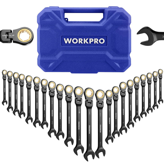 WORKPRO 22-Piece Ratcheting Wrench Set, 180° Flex Head, Anti-Slip, Metric & SAE, Combination Wrenches with Organizer Box, Black
