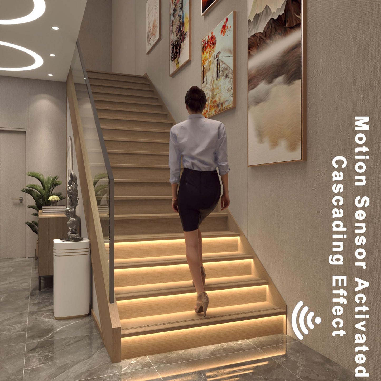 AUTUNEER Motion Sensor Stair Lights, 16-Step Indoor LED Strip, 40" Cuttable, 3000K Warm White Smart Stairway Lighting Kit