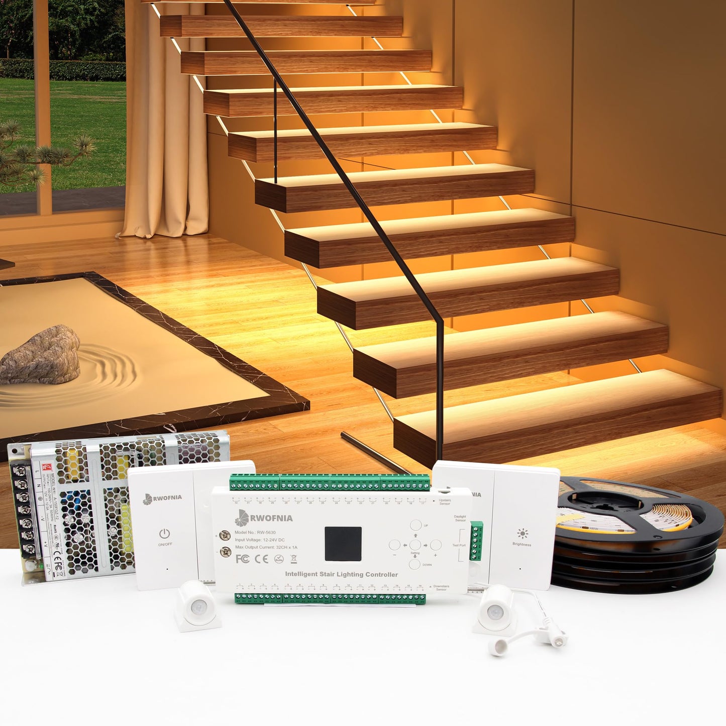 **RWOFNIA RW-5630 Motion-Activated LED Stair Lighting Kit, 48" Cuttable Warm White 3000K Strip, Daylight Sensor, 20 Steps**