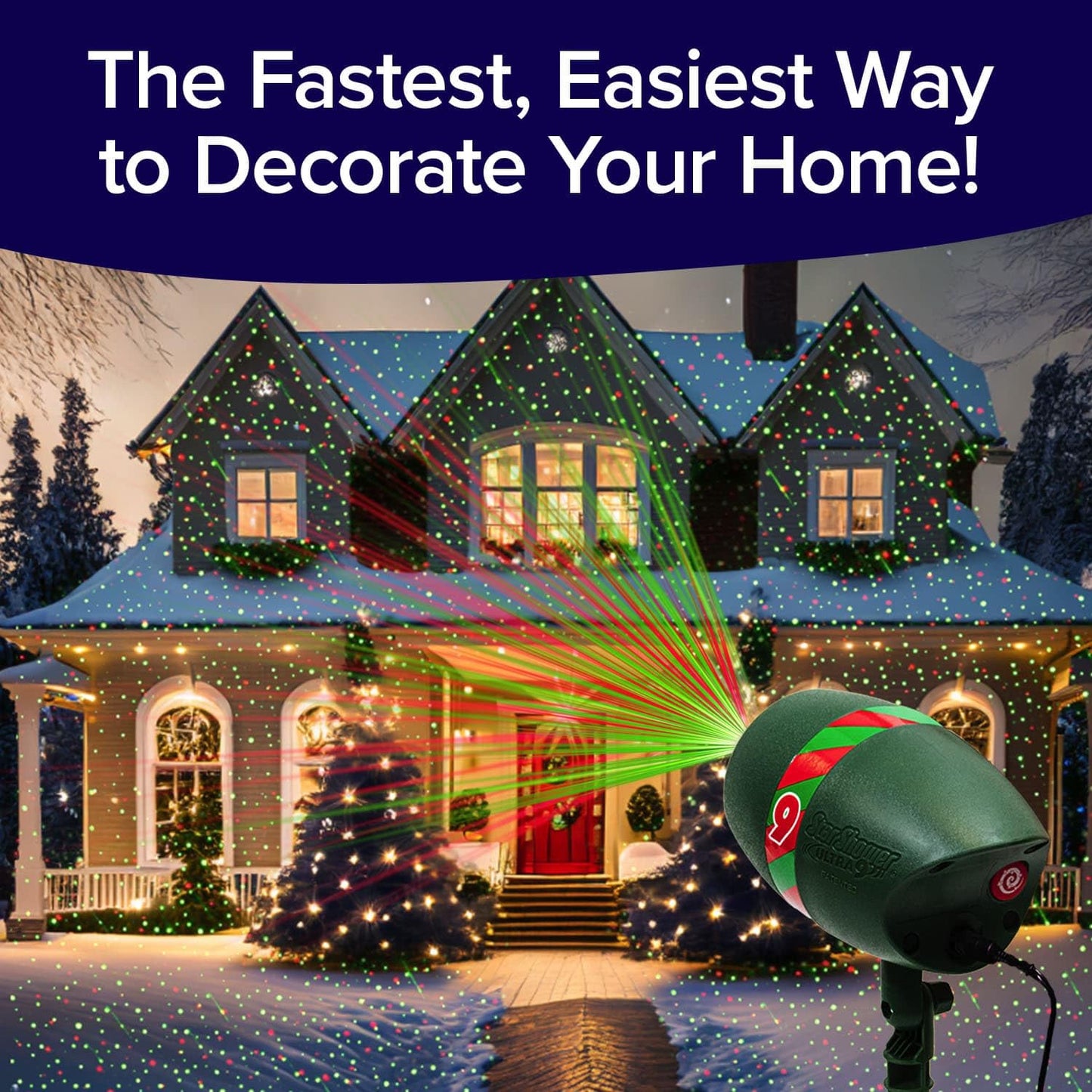 Star Shower Ultra 9 Outdoor Laser Light Show – 9 Patterns, 3 Colors, Motion or Still, Covers 3200 Sq Ft, Holiday Projector