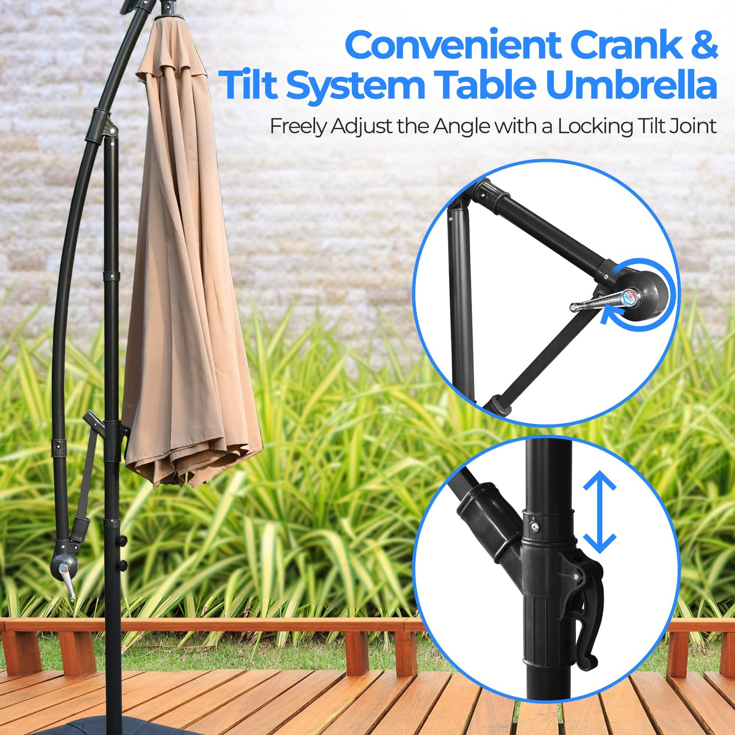 SereneLife 10ft Patio Umbrella with Solar LED Lights, Push Button Tilt, Easy Crank, 6-Rib Outdoor Umbrella with Cross Base