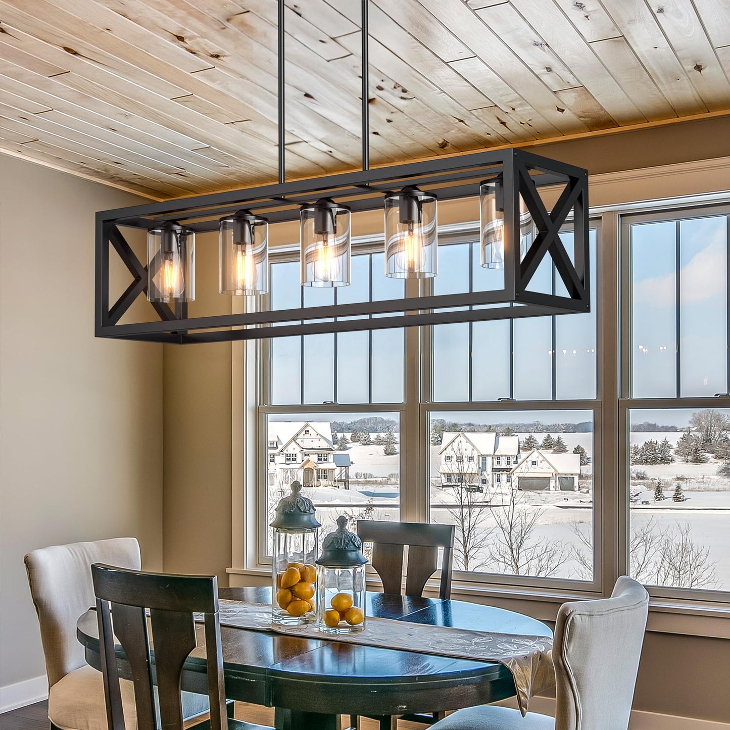 Espird Farmhouse 5-Light Dining Room Chandelier, Matte Black Rectangle Island Light, Adjustable Height Metal Fixture