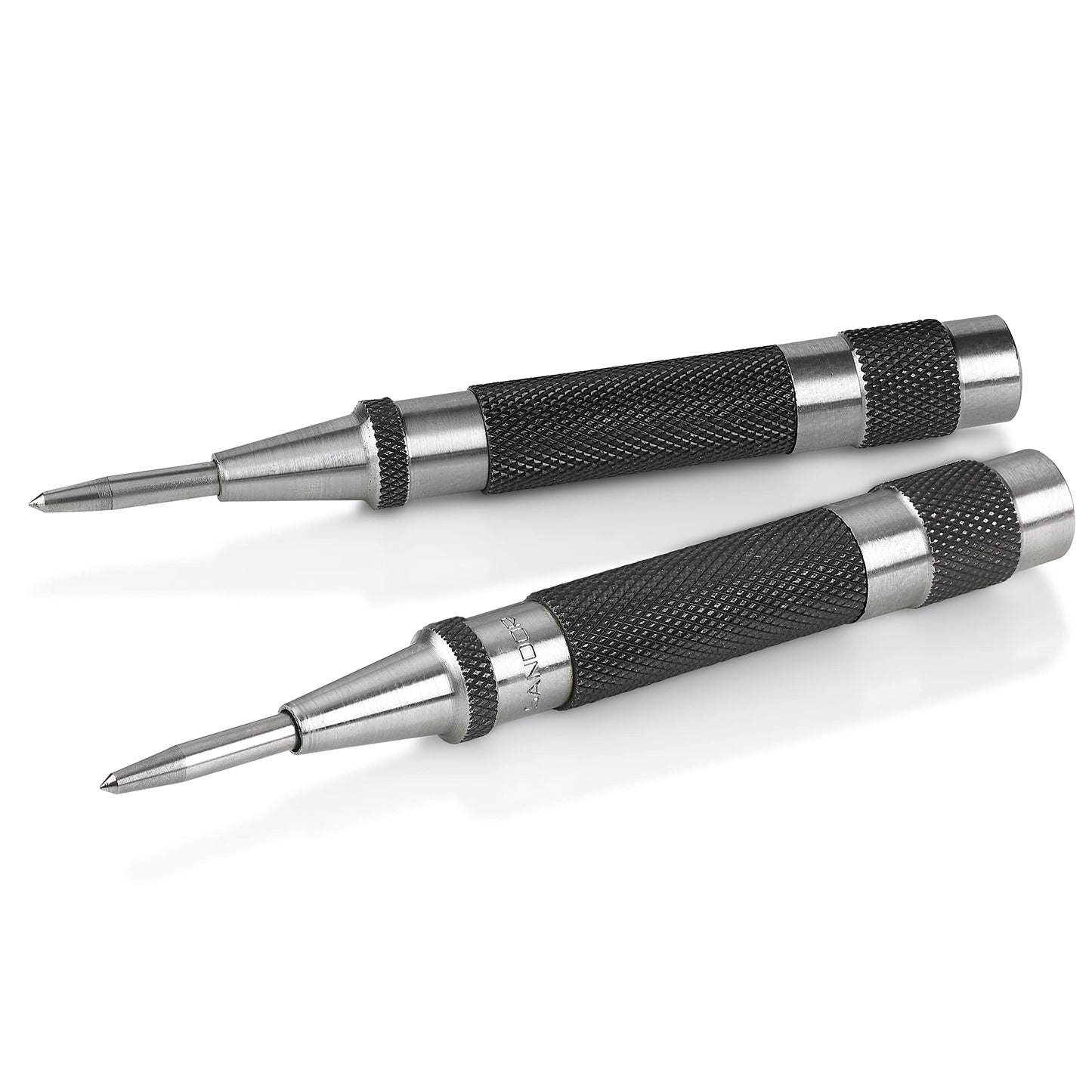 Heavy Duty Automatic Center Punch - 2-Pack Spring-Loaded Steel Hand Tool for Machinists & Carpenters with Adjustable Knurled Cap & Case