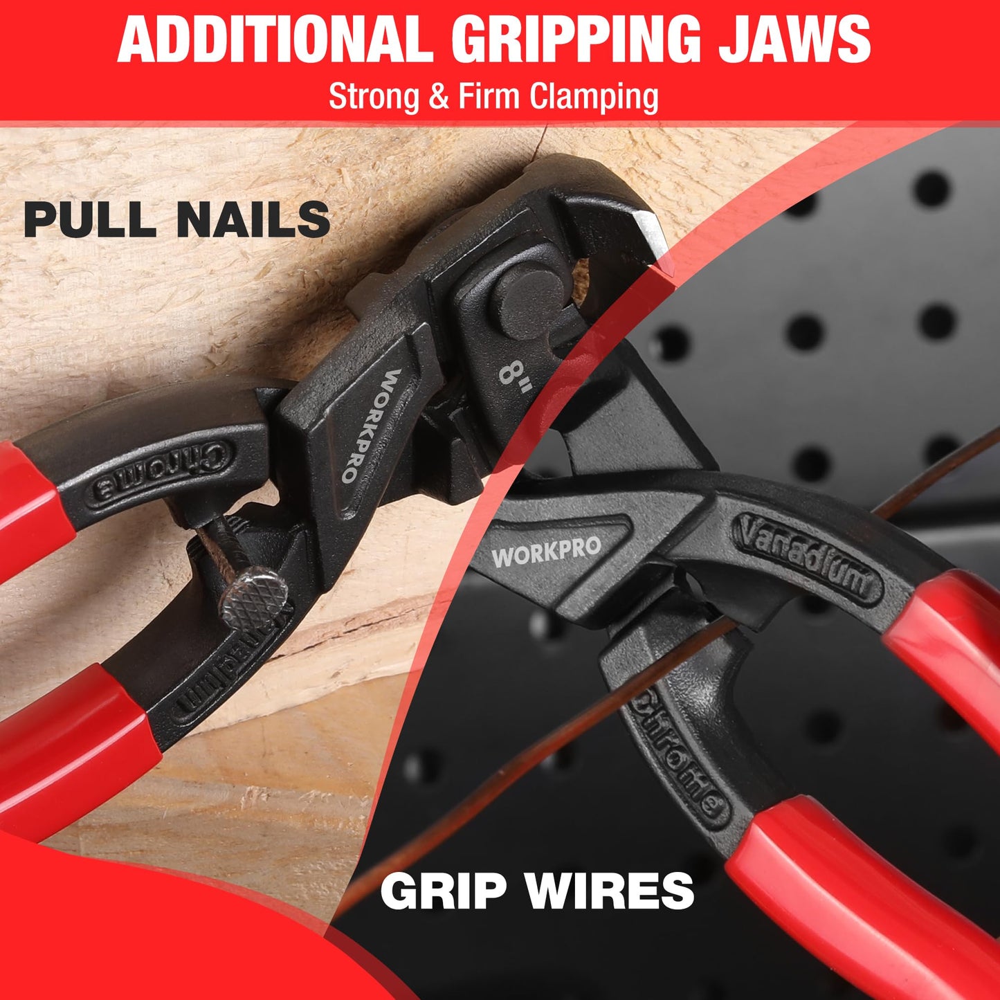 WORKPRO 8" Nail Puller Pliers, High-Leverage End Cutting with Gripping Jaws, Durable CR-V Steel, Ergonomic Handles for Nails & Wires