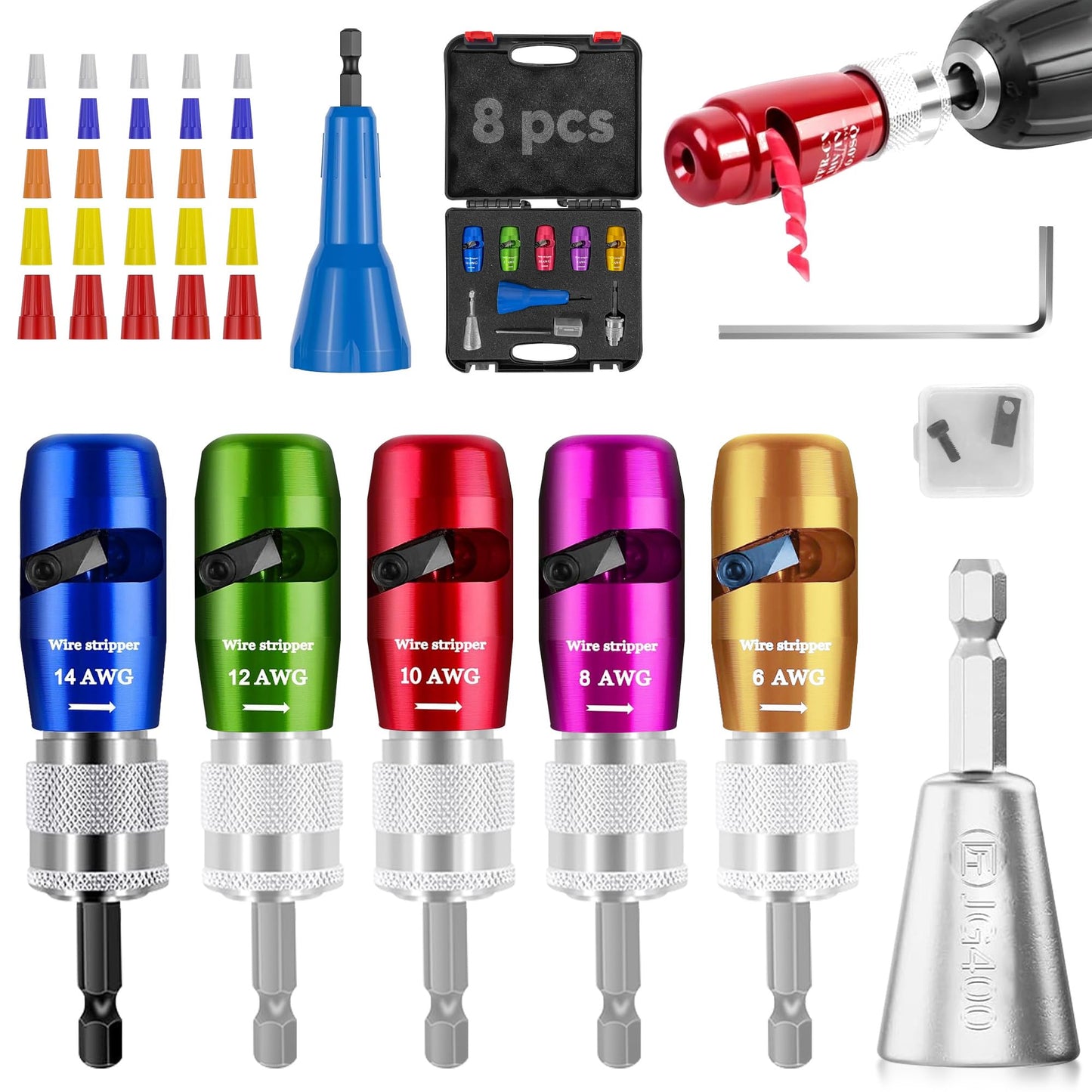 US Regulations 8-in-1 Wire Stripping & Twisting Drill Tool Set, Professional Electrician 8-Piece Wire Stripper & Connector Kit