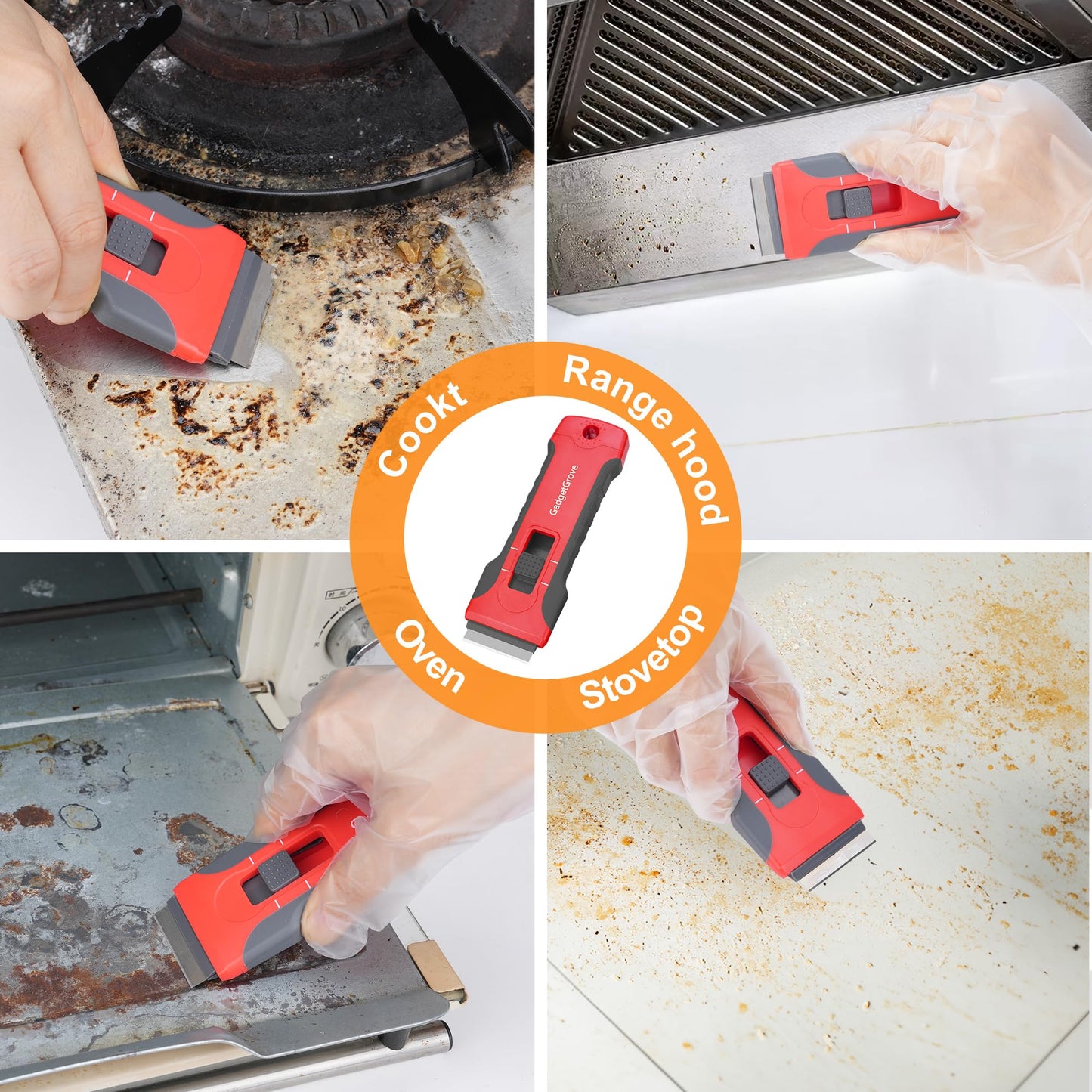 Razor Blade Scraper with 10 Blades & 3 Wire Brushes, Glass Window Cooktop Oven Stove Cleaner, Built-In Storage, Lock, Gray