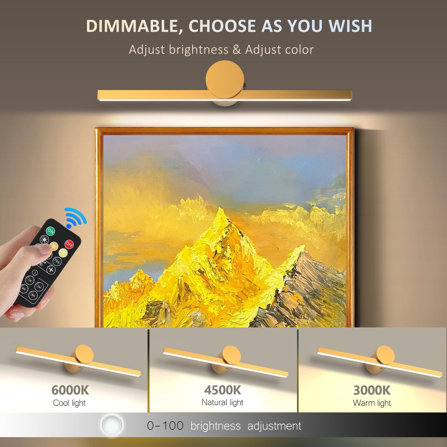 ZitoStory Battery Operated Wall Picture Light with Remote – Wireless, Dimmable, Rechargeable Art & Canvas Lighting, Gold 15.35"
