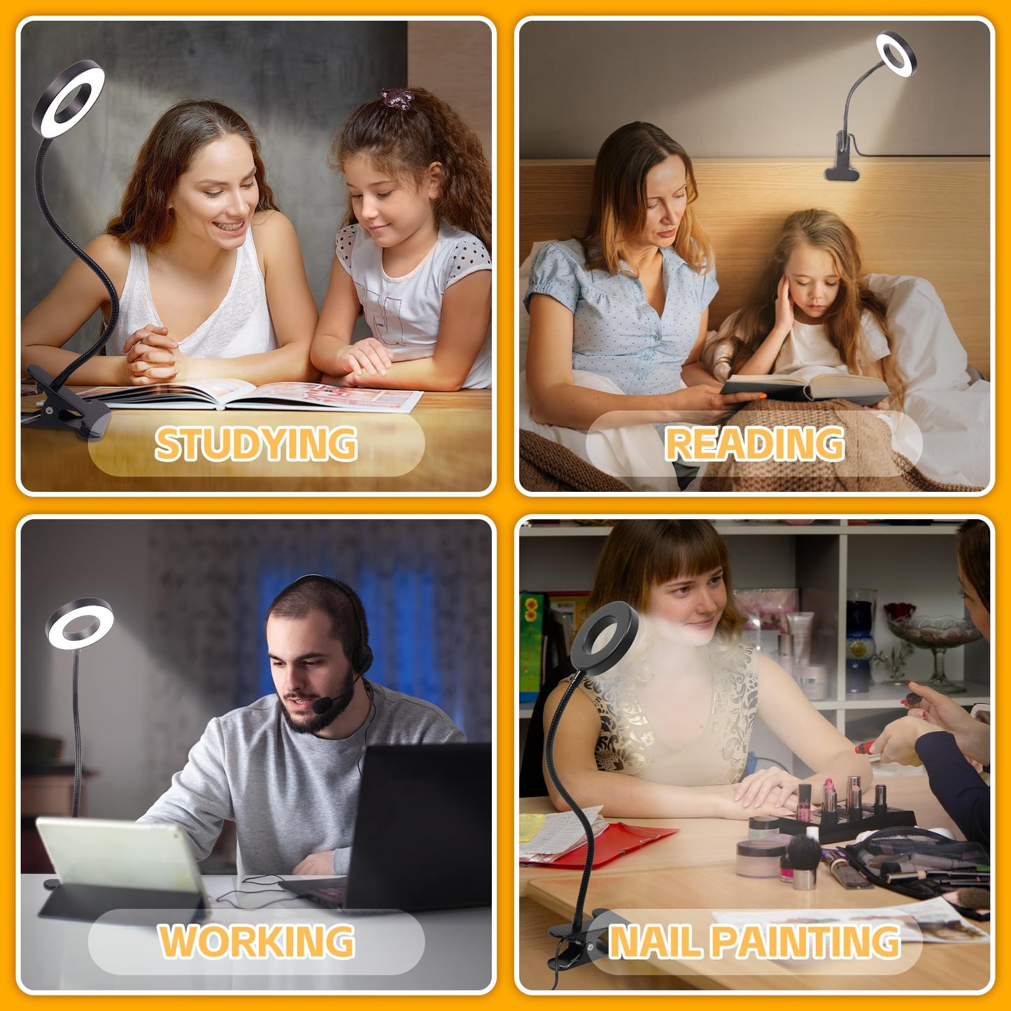 Foneso 48 LED Clip-On Desk Lamp, USB Rechargeable, 3 Colors & 10 Brightness Levels, 360° Flexible, Eye-Care Night Light for Reading & Crafts