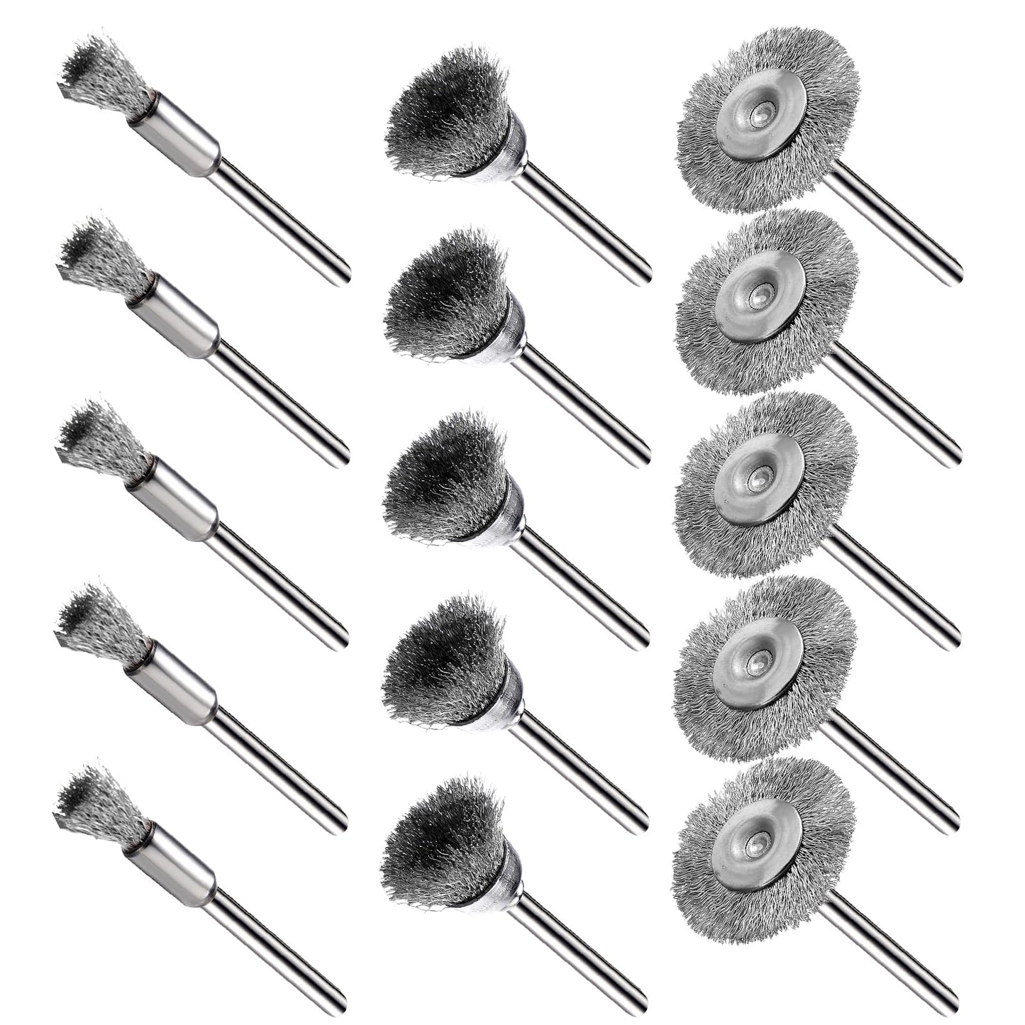 EASYIKI 15 Pieces Stainless Steel Wire Brushes, Wire Brush Wheel, Steel Wire Polishing Wheel Kits for Dremel Rotary Tools (1/8 Inch Mandrel)