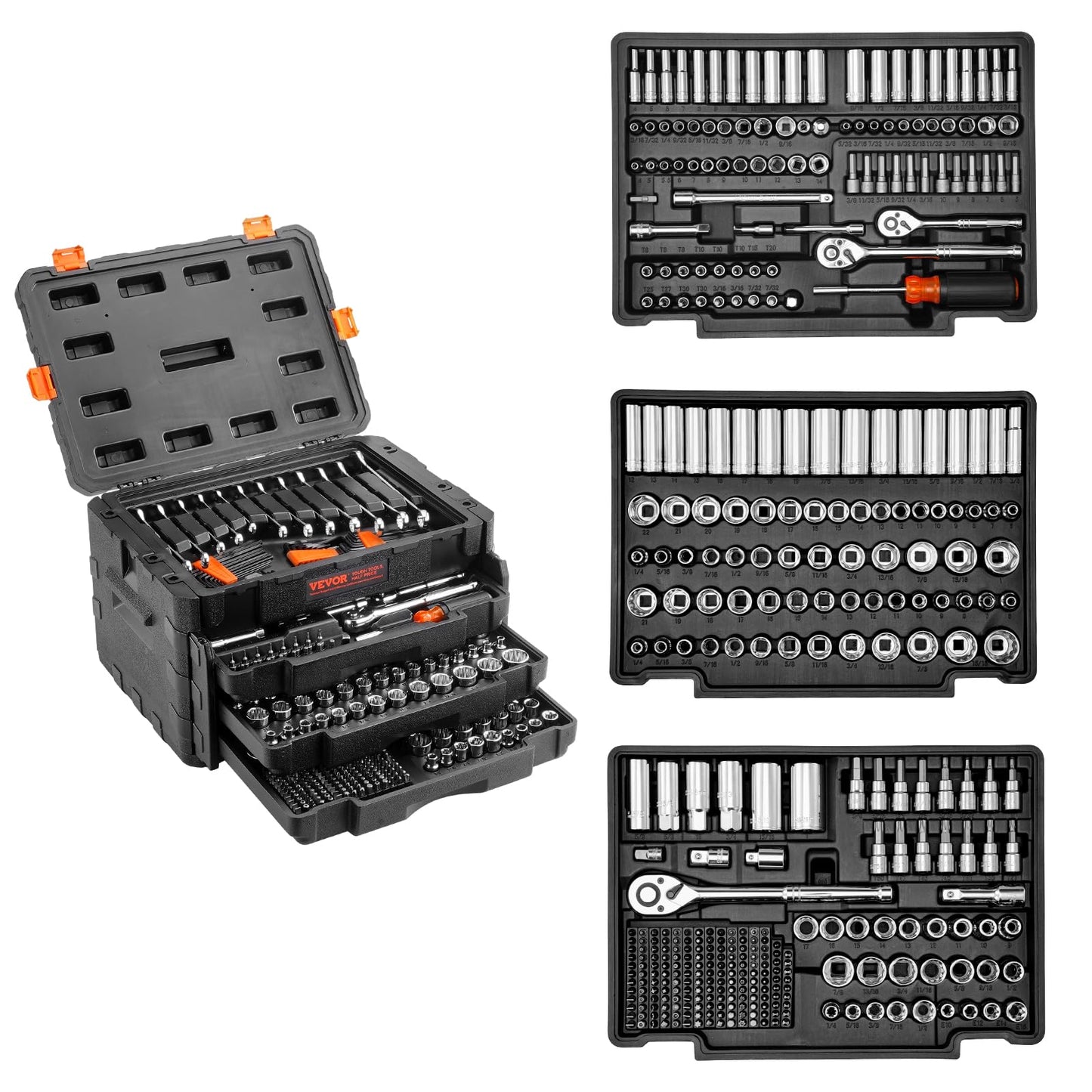VEVOR 450-Piece Mechanics Tool & Socket Set, SAE/Metric, 1/4" 3/8" 1/2" Drive, Wrenches, Bits & Accessories with Storage Case