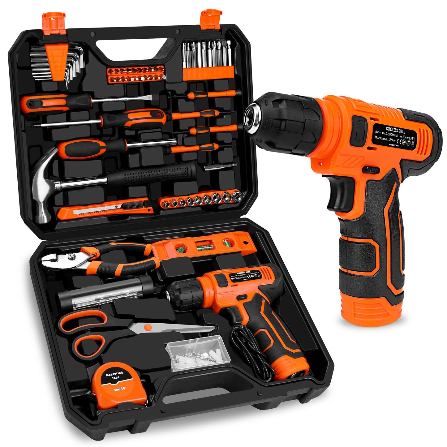139-Piece Tool Set with 8V Cordless Drill Driver, Toolbox Storage Case, DIY & Home Repair Handyman Kit