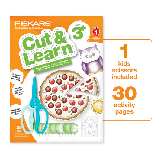 Fiskars Cut & Learn Kids Activity Book and Training Scissors - Gifts for Kids - Ages 3+